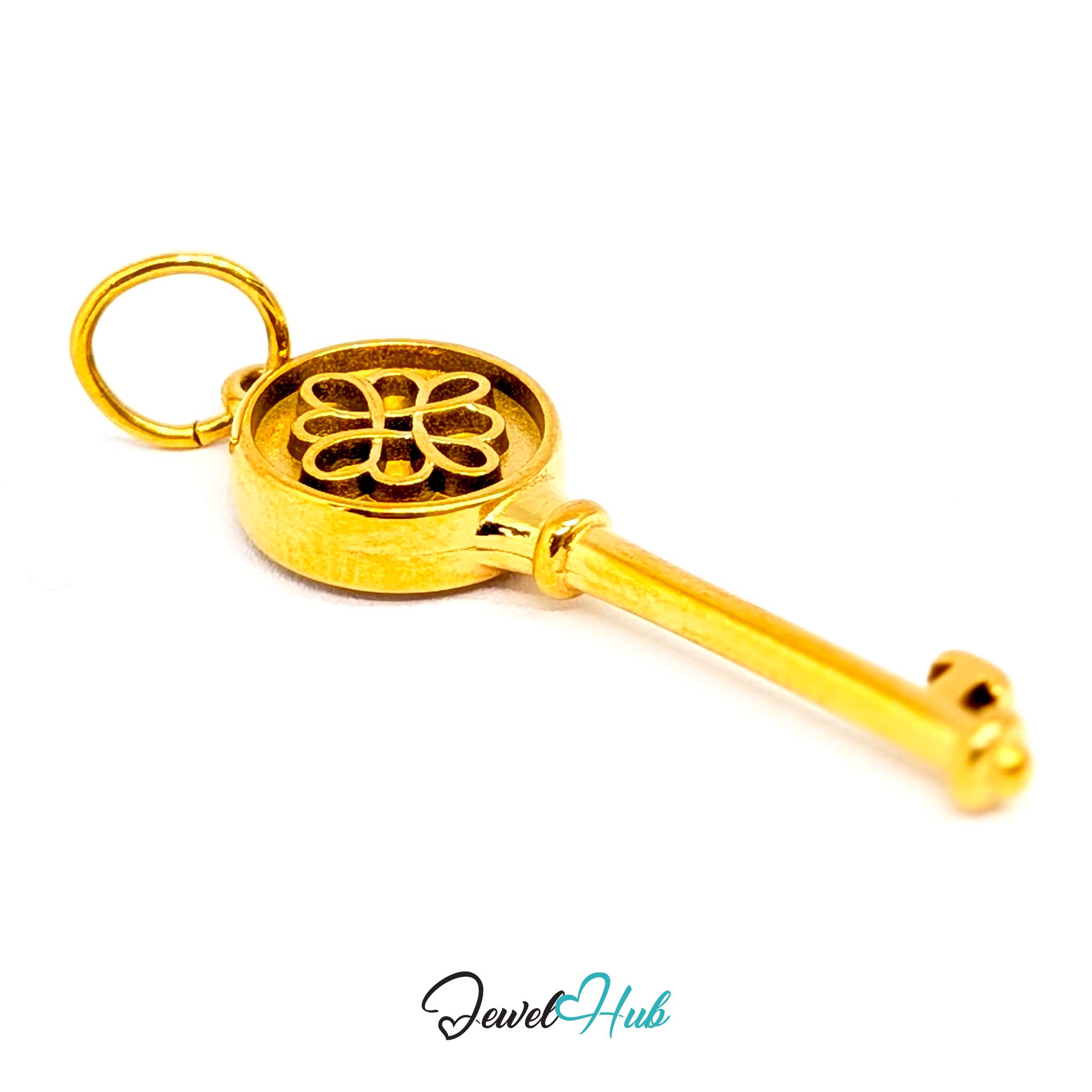 Round openwork key charm in gold stainless steel - three-quarter view - JewelHub