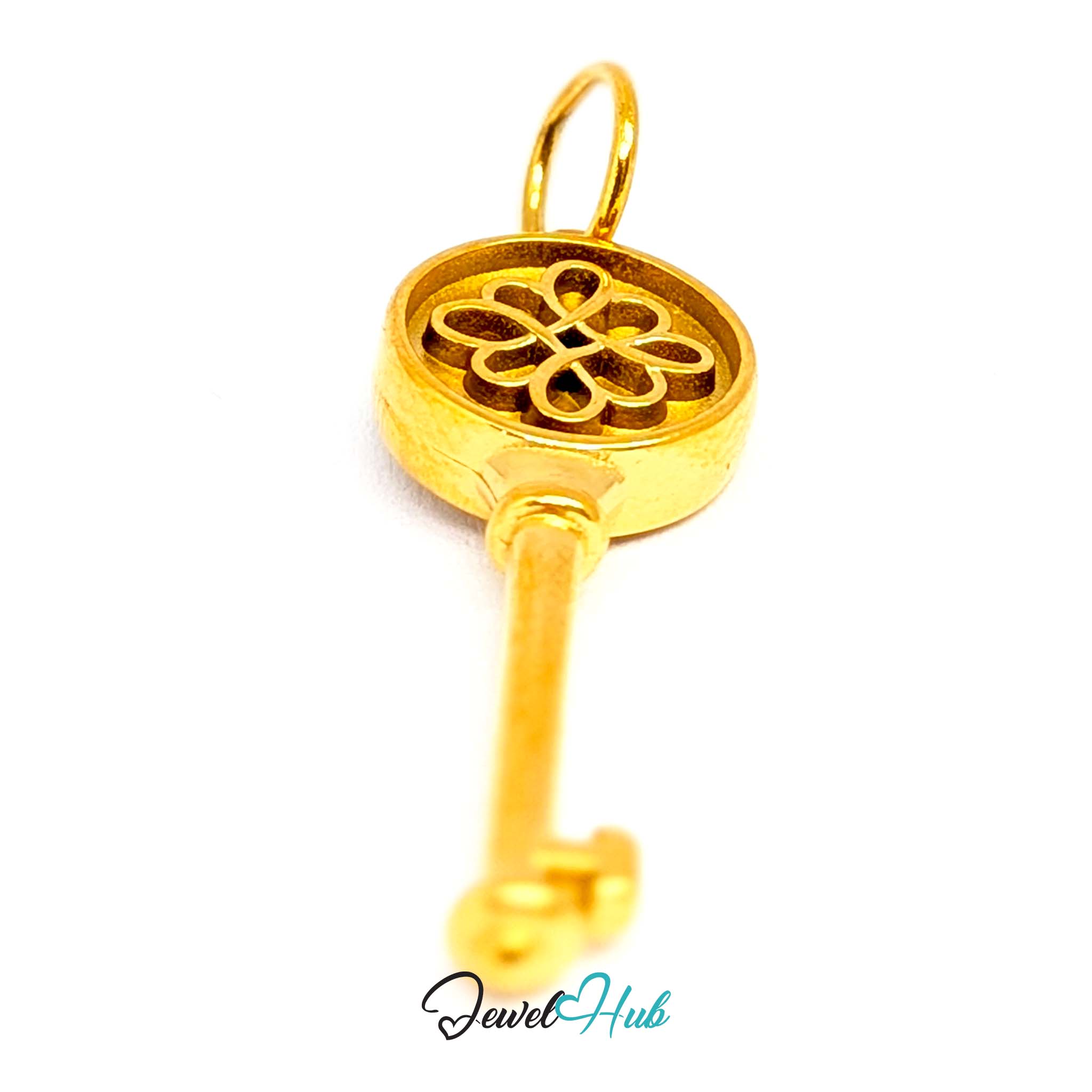 Round openwork key charm in gold stainless steel - angled view - JewelHub