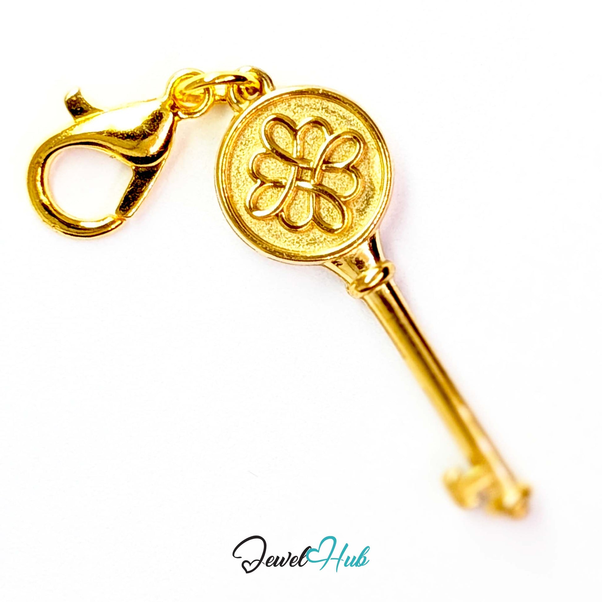 Round openwork key charm in gold stainless steel - shown with the lobster clasp attached - JewelHub