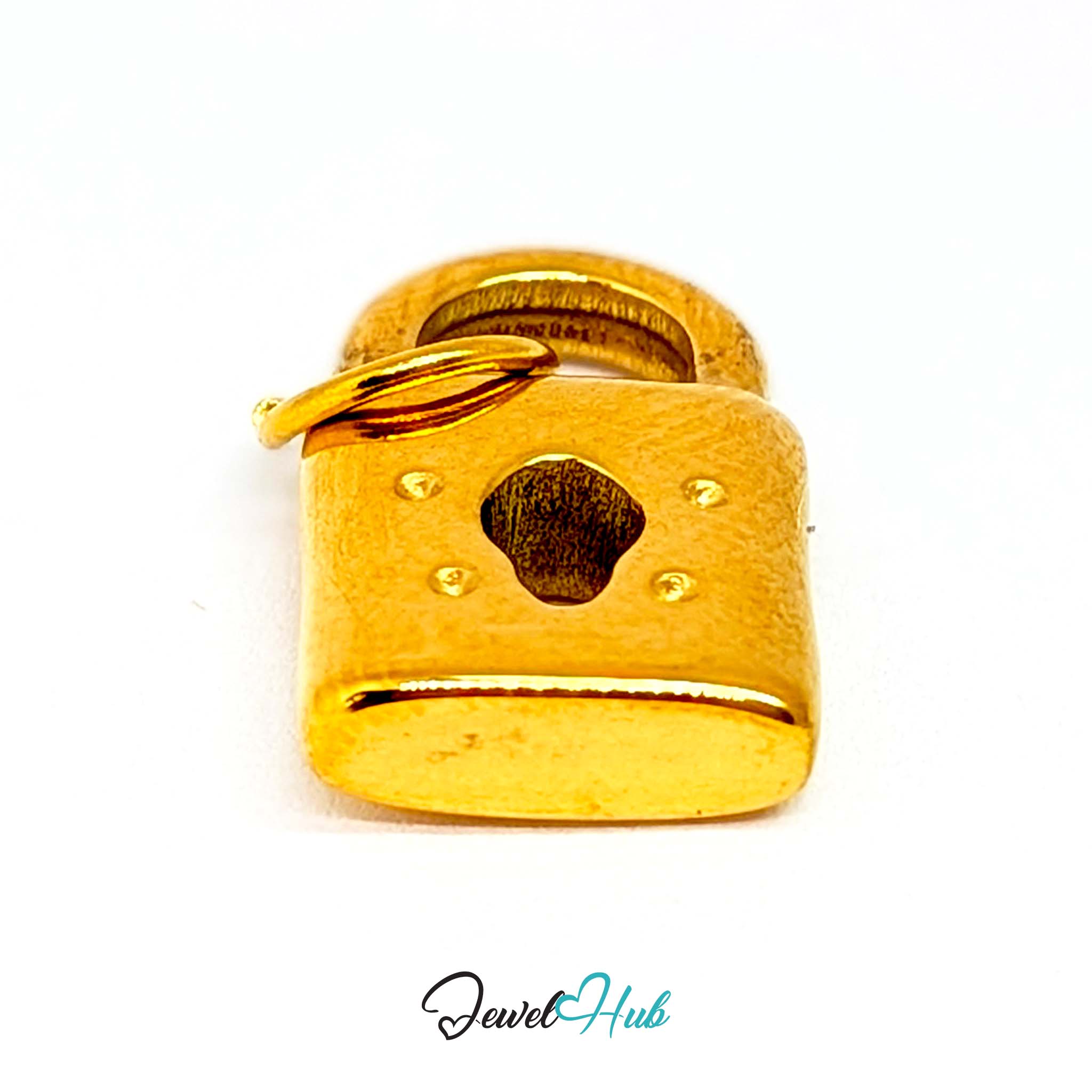 Classic padlock charm in gold stainless steel - turned to show depth - JewelHub