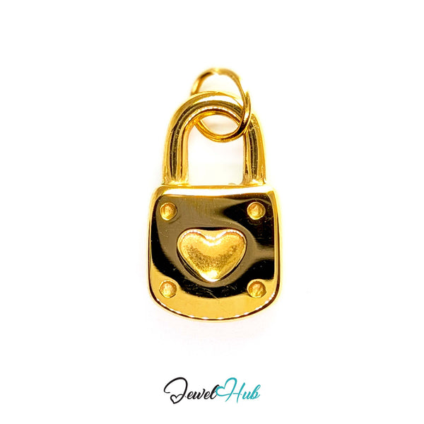 Heart padlock charm in gold stainless steel - front view - JewelHub