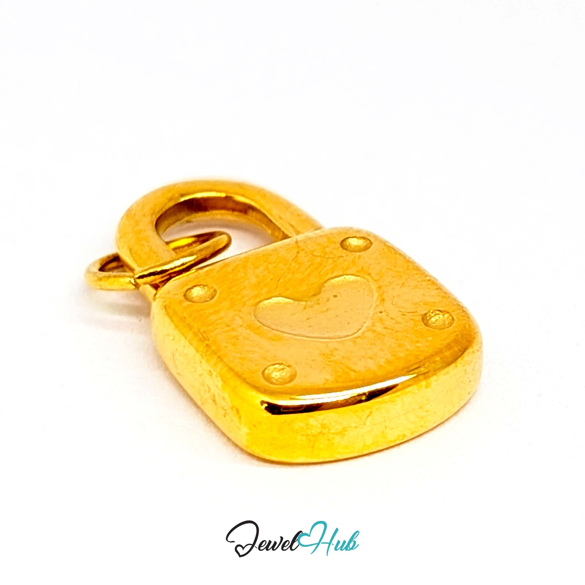 Heart padlock charm in gold stainless steel - three-quarter view - JewelHub