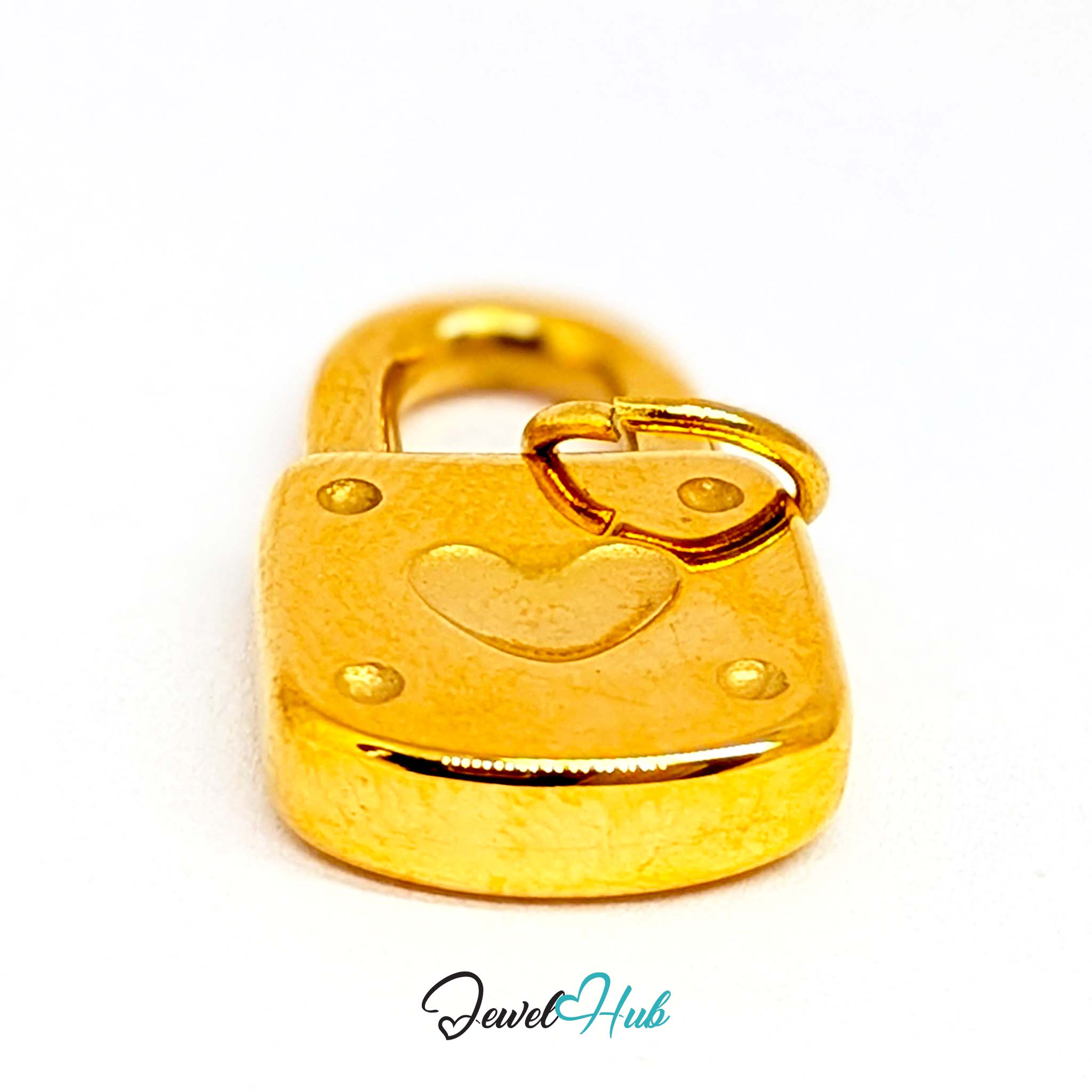 Heart padlock charm in gold stainless steel - turned to show depth - JewelHub