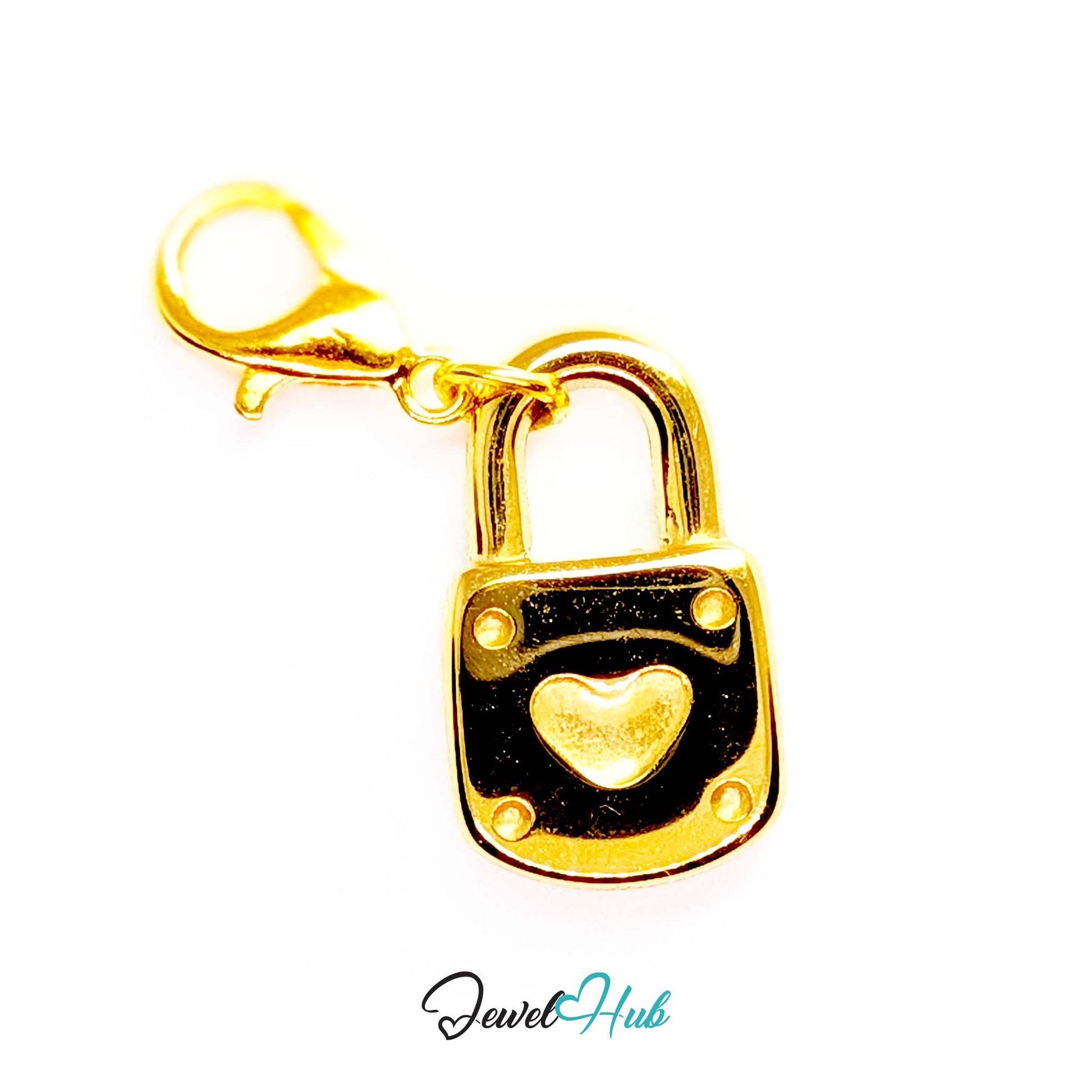Heart padlock charm in gold stainless steel - shown with the lobster clasp attached - JewelHub