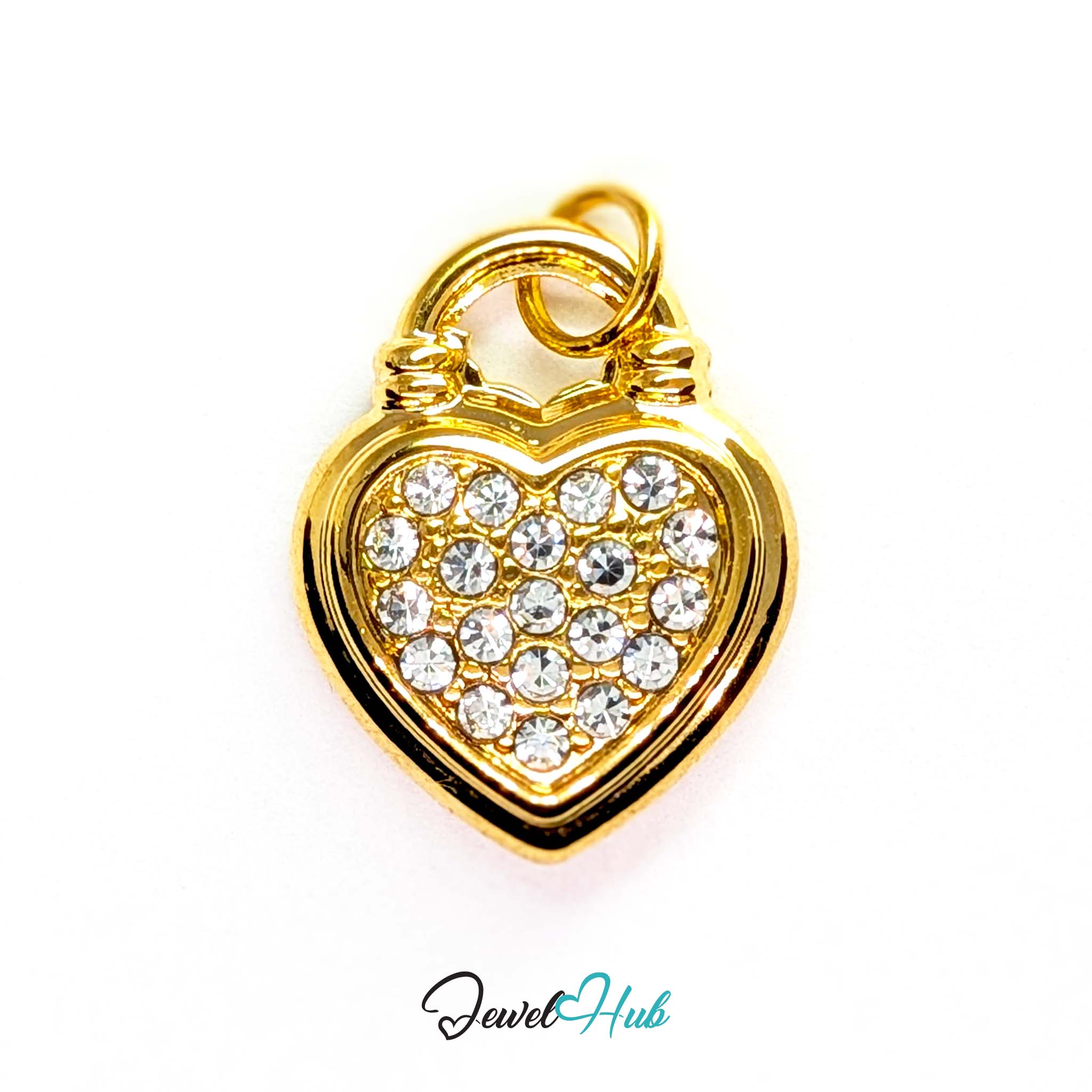 Pave heart padlock charm in gold stainless steel - front view - JewelHub