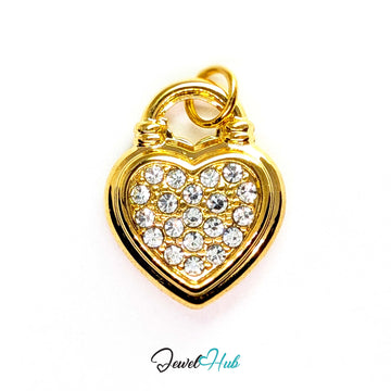 Pave heart padlock charm in gold stainless steel - front view - JewelHub