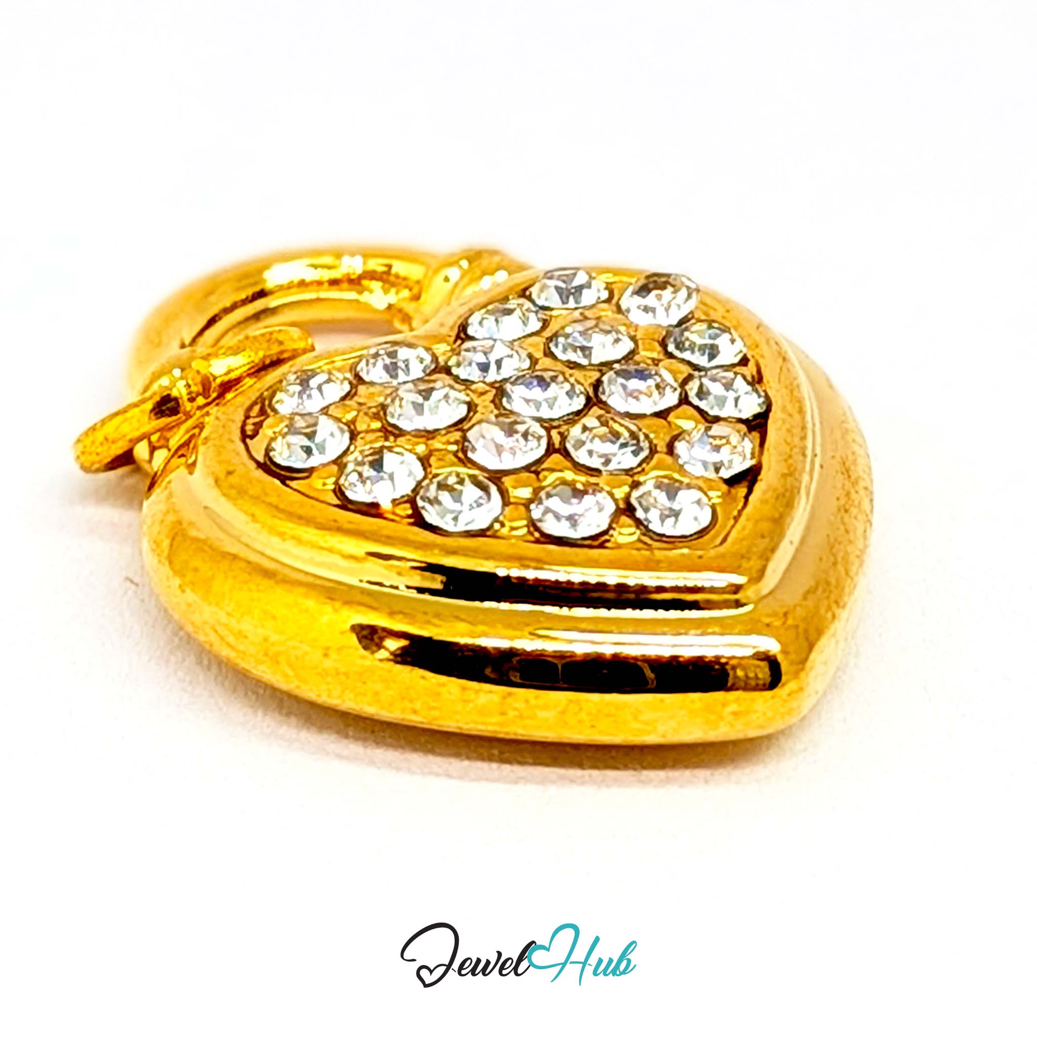 Pave heart padlock charm in gold stainless steel - three-quarter view - JewelHub