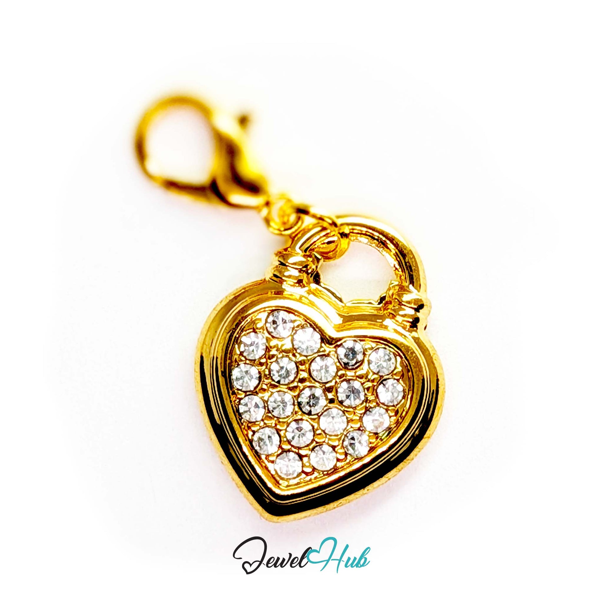 Pave heart padlock charm in gold stainless steel - shown with the lobster clasp attached - JewelHub