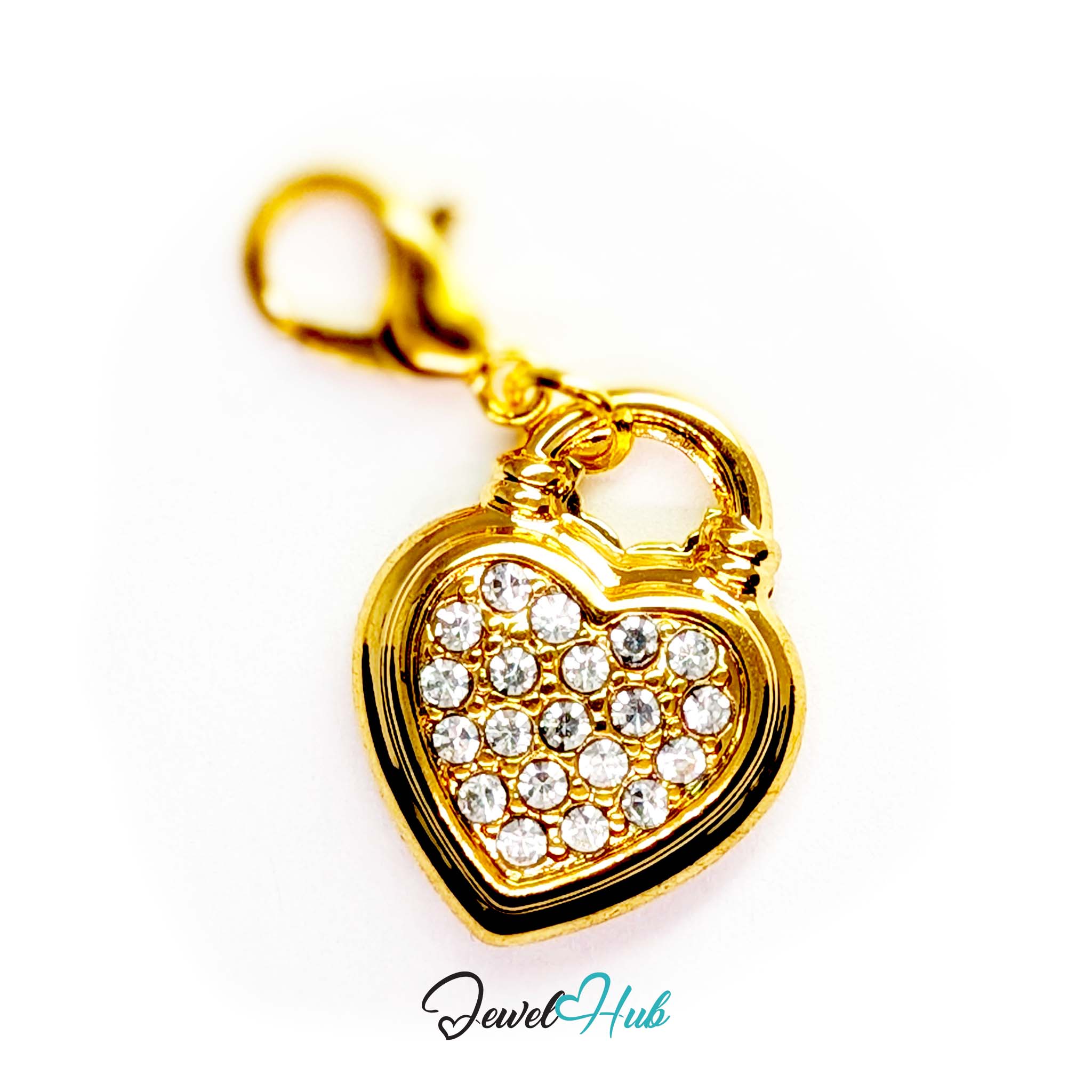 Pave heart padlock charm in gold stainless steel - shown with the lobster clasp attached - JewelHub
