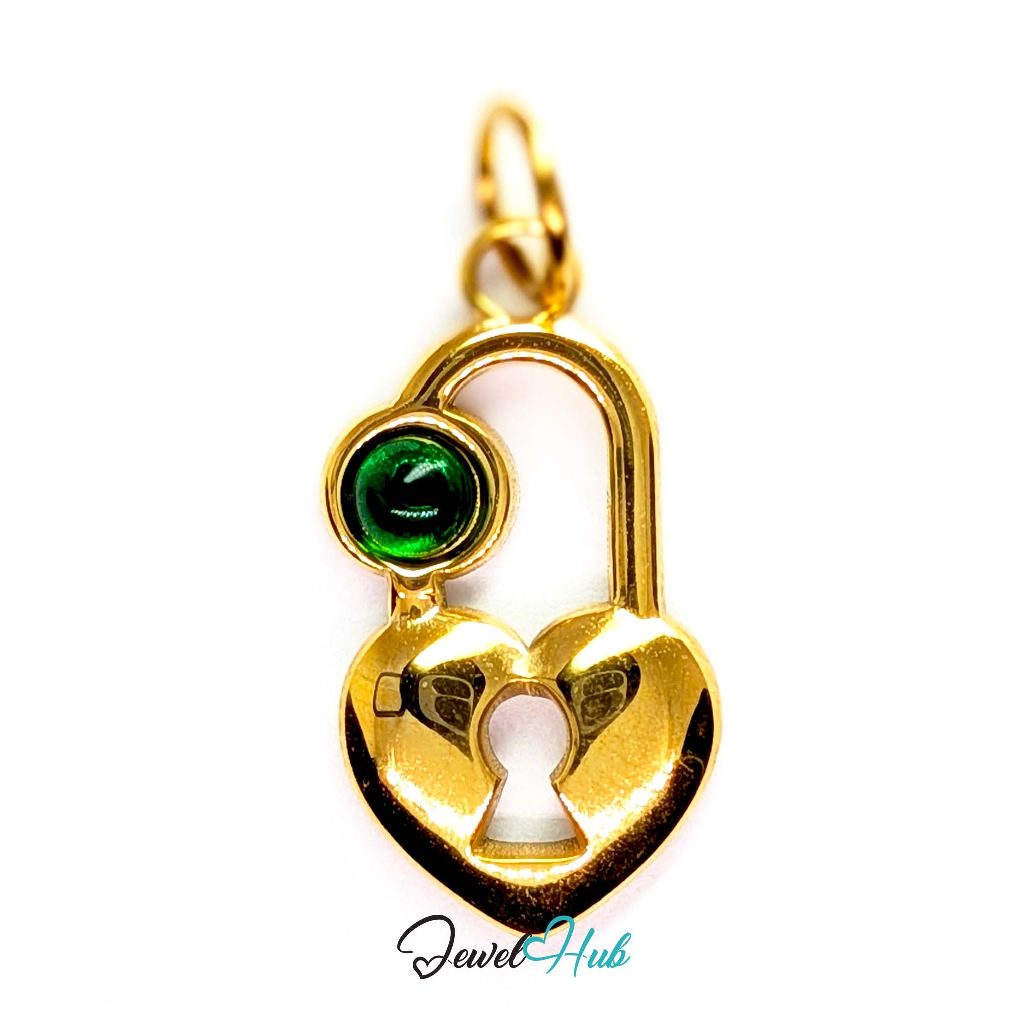 Green stone heart lock charm in gold stainless steel - front view - JewelHub