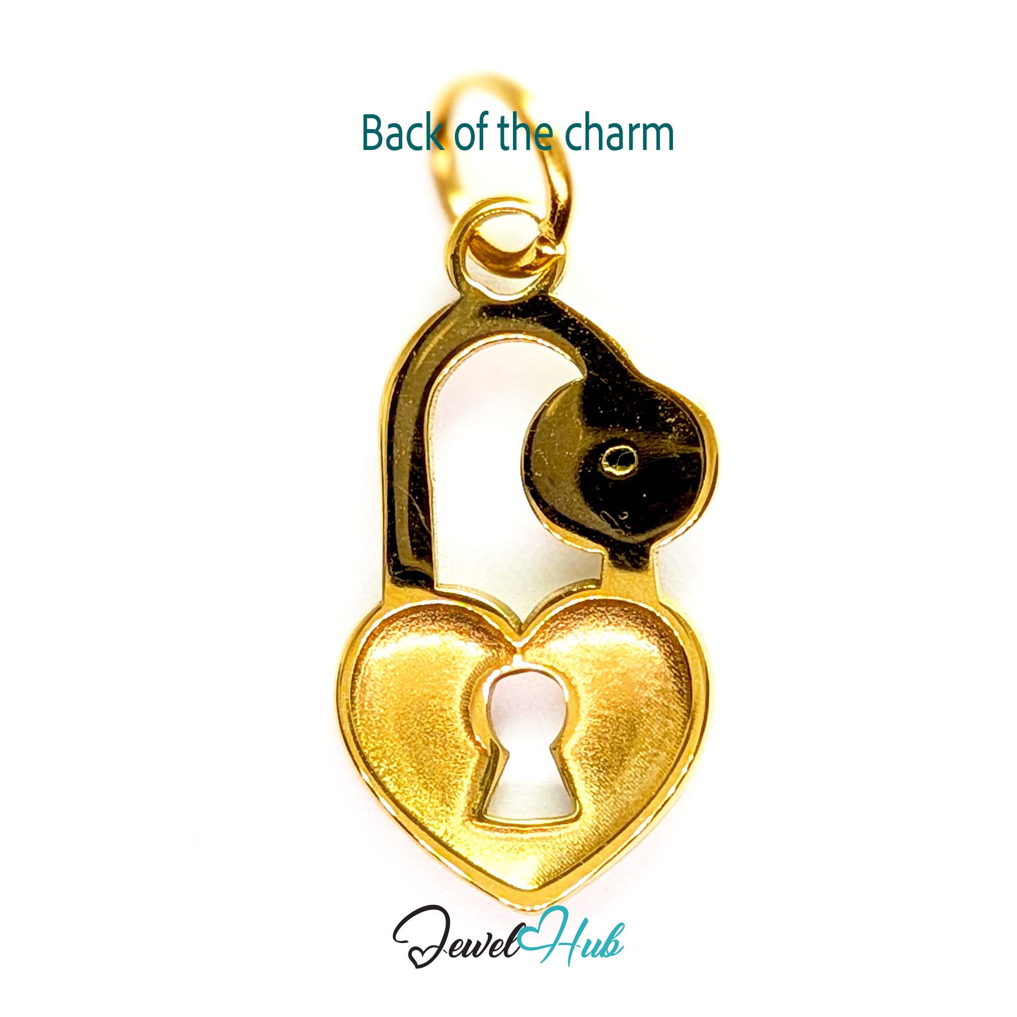 Green stone heart lock charm in gold stainless steel - reverse - JewelHub