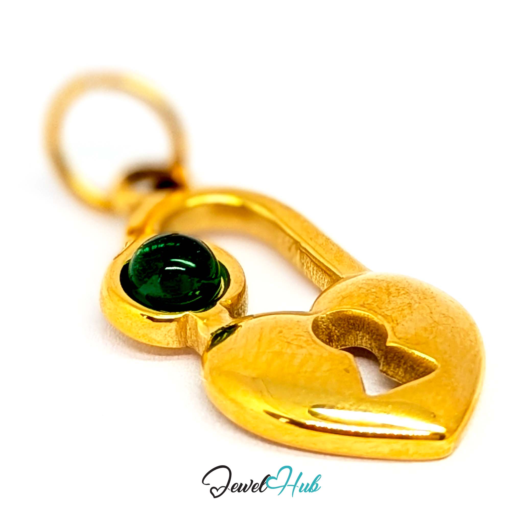 Green stone heart lock charm in gold stainless steel - three-quarter view - JewelHub