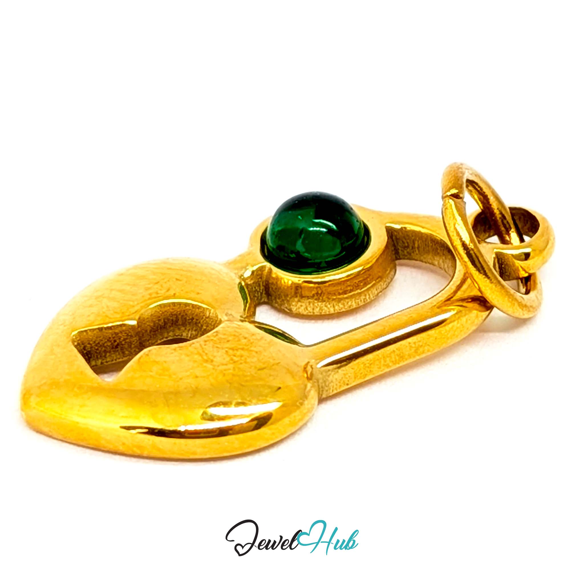 Green stone heart lock charm in gold stainless steel - angled view - JewelHub