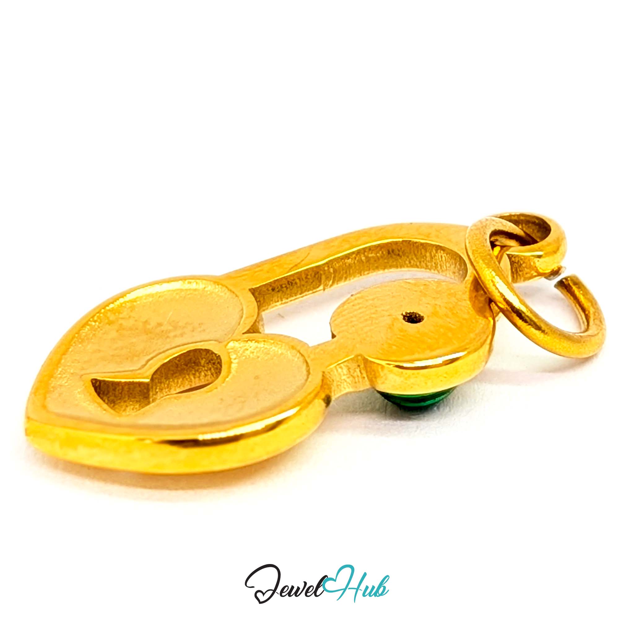 Green stone heart lock charm in gold stainless steel - turned to show depth - JewelHub