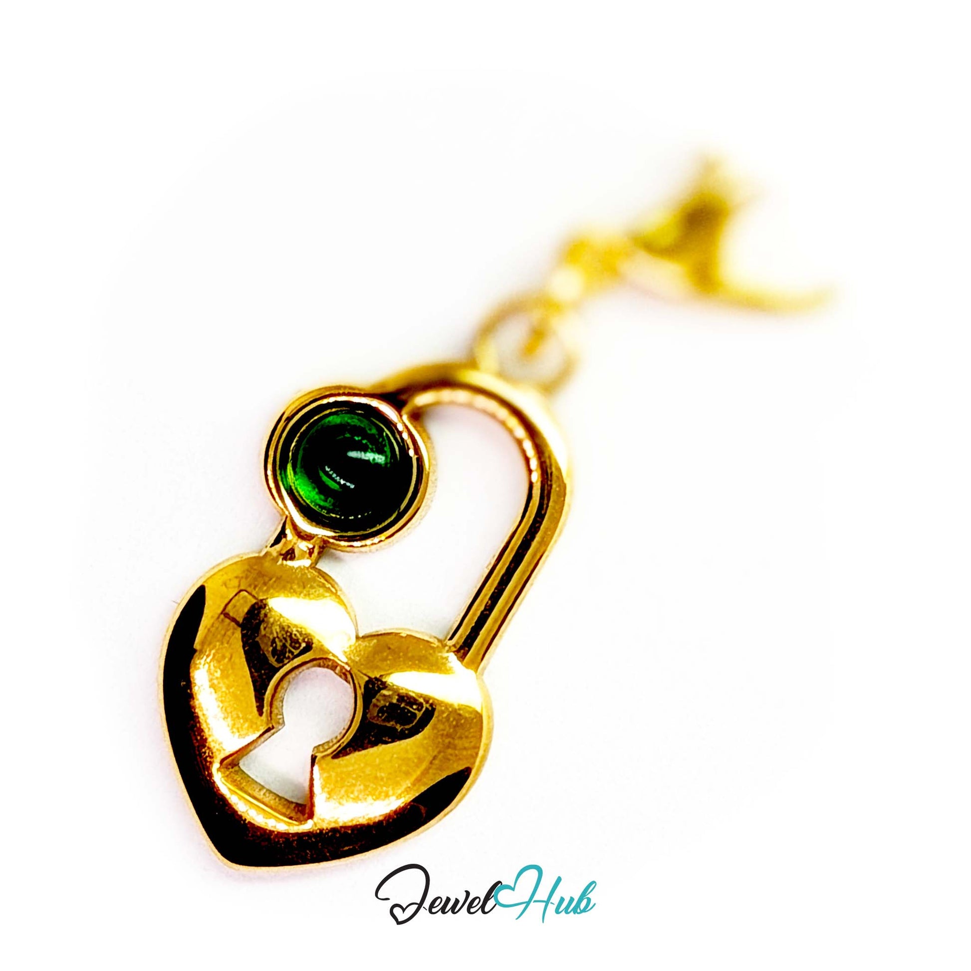Green stone heart lock charm in gold stainless steel - shown with the lobster clasp attached - JewelHub