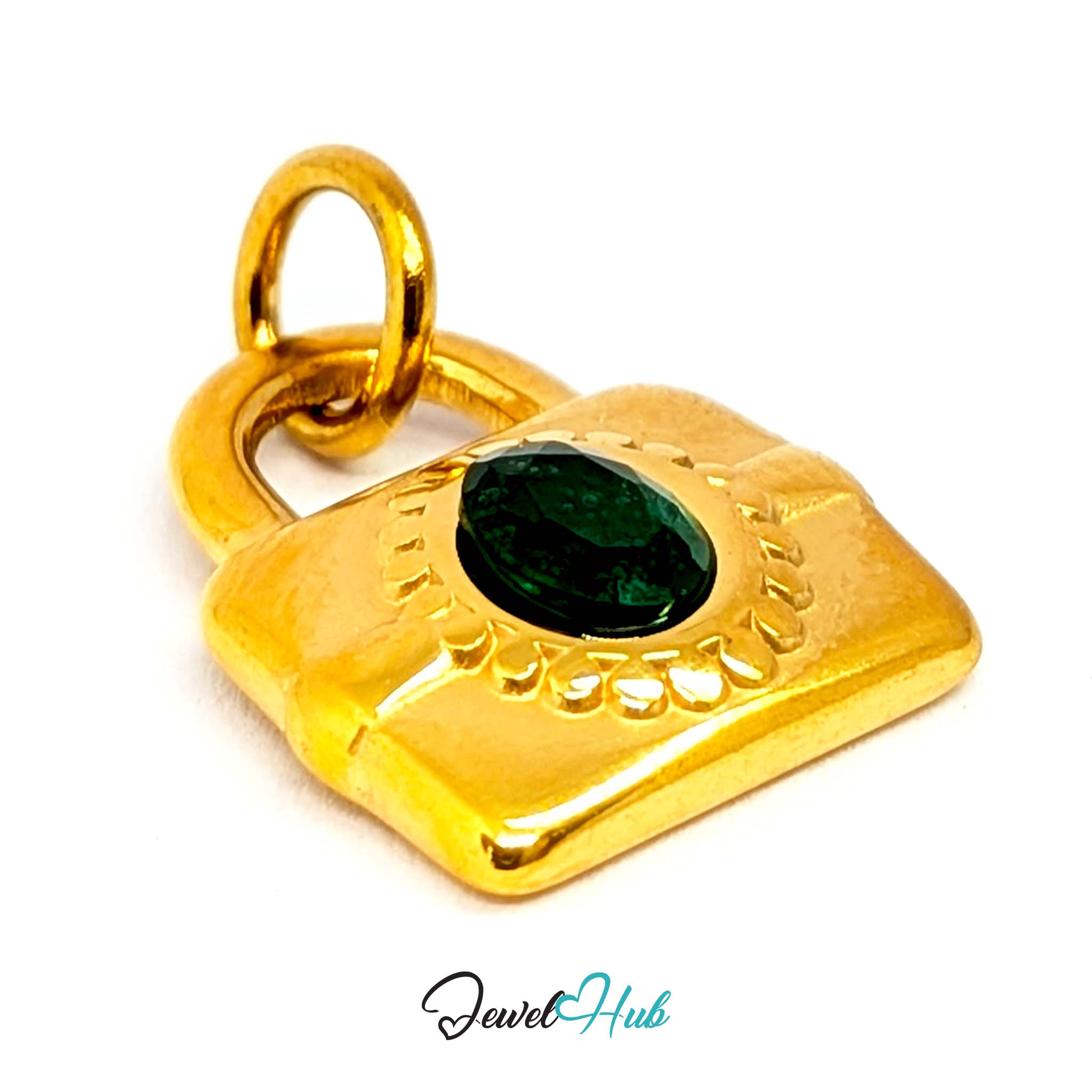 Green stone padlock charm in gold stainless steel - three-quarter view - JewelHub