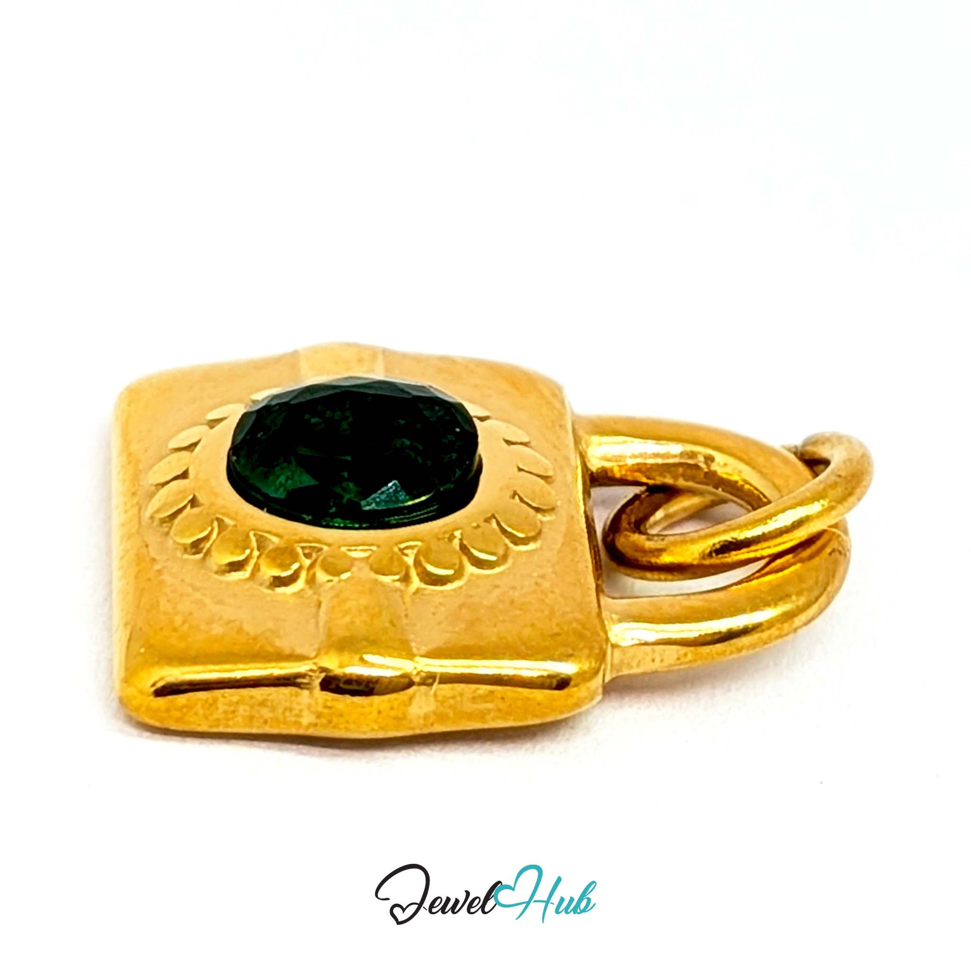 Green stone padlock charm in gold stainless steel - angled view - JewelHub