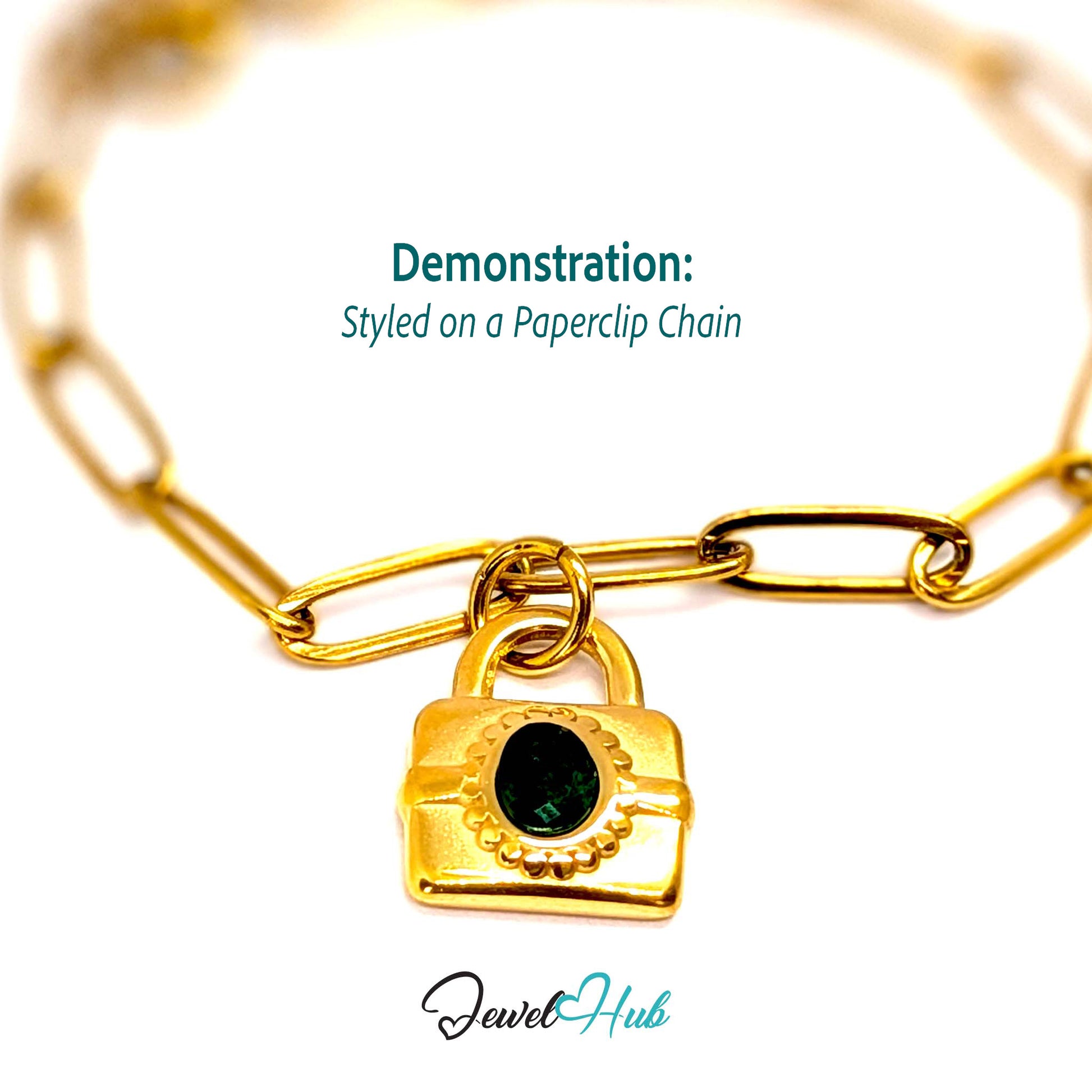 Green stone padlock charm in gold stainless steel - styled on a gold paperclip chain bracelet - JewelHub
