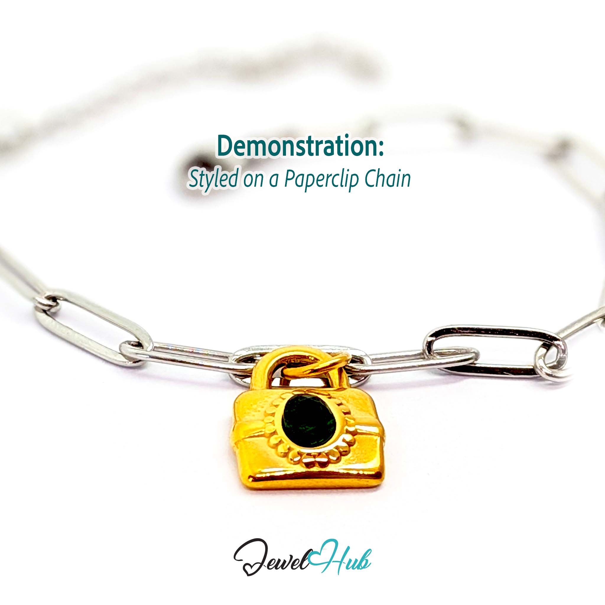 Green stone padlock charm in gold stainless steel - styled on a silver paperclip chain bracelet - JewelHub