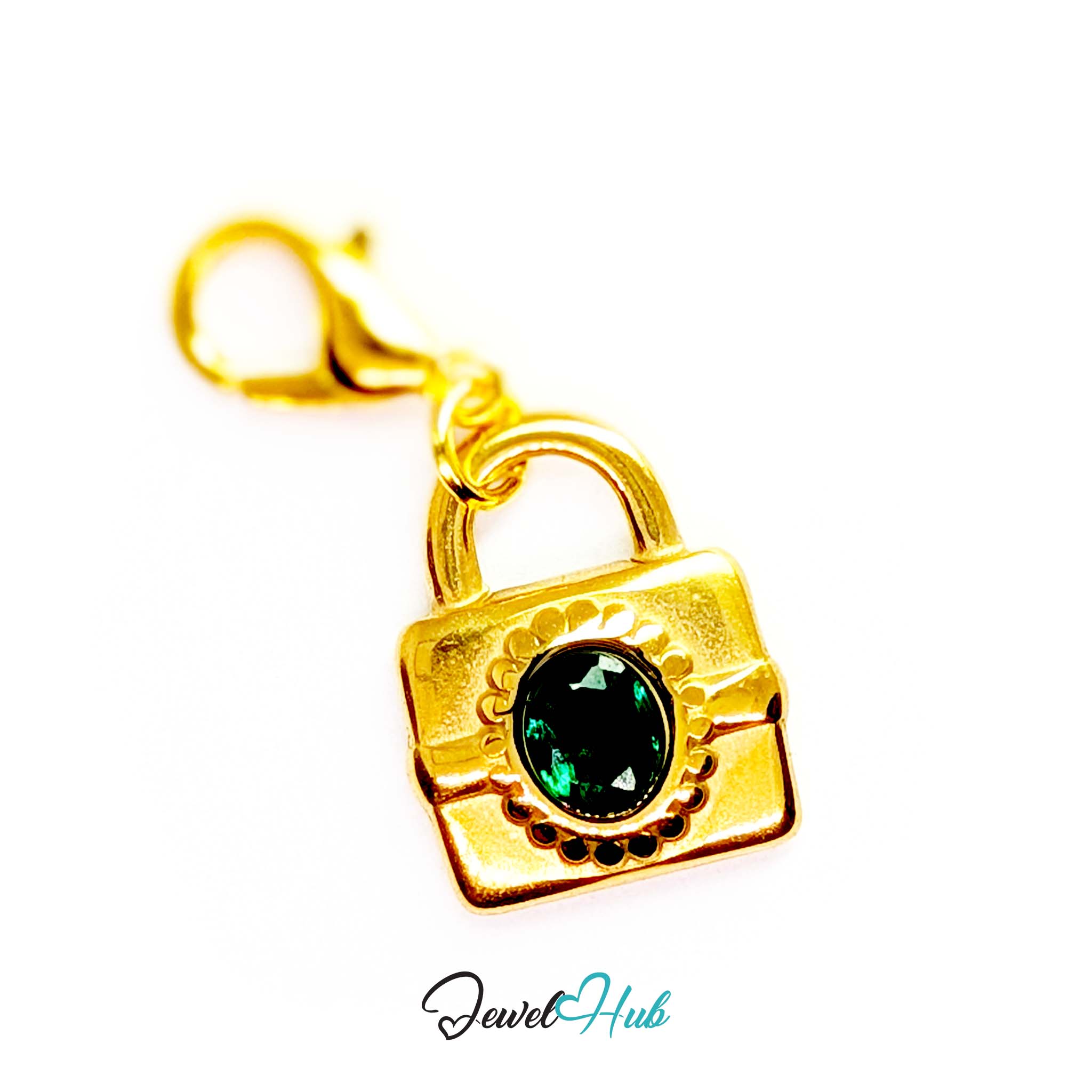 Green stone padlock charm in gold stainless steel - shown with the lobster clasp attached - JewelHub