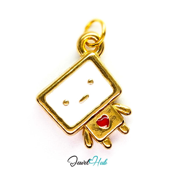 Enamel TV robot charm in gold stainless steel - front view - JewelHub