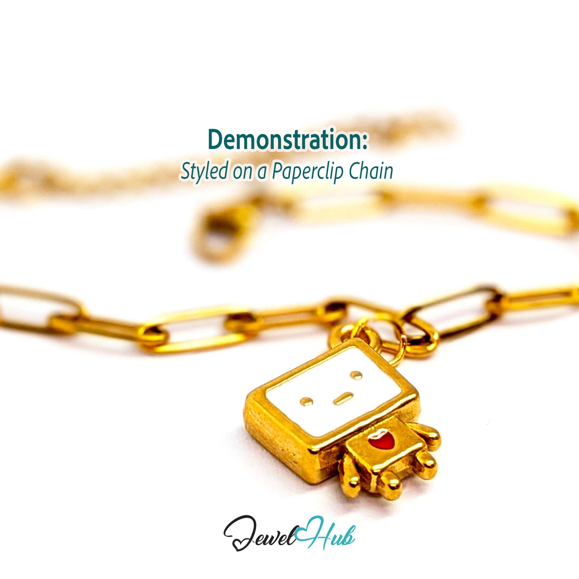 Enamel TV robot charm in gold stainless steel - styled on a gold paperclip chain bracelet - JewelHub