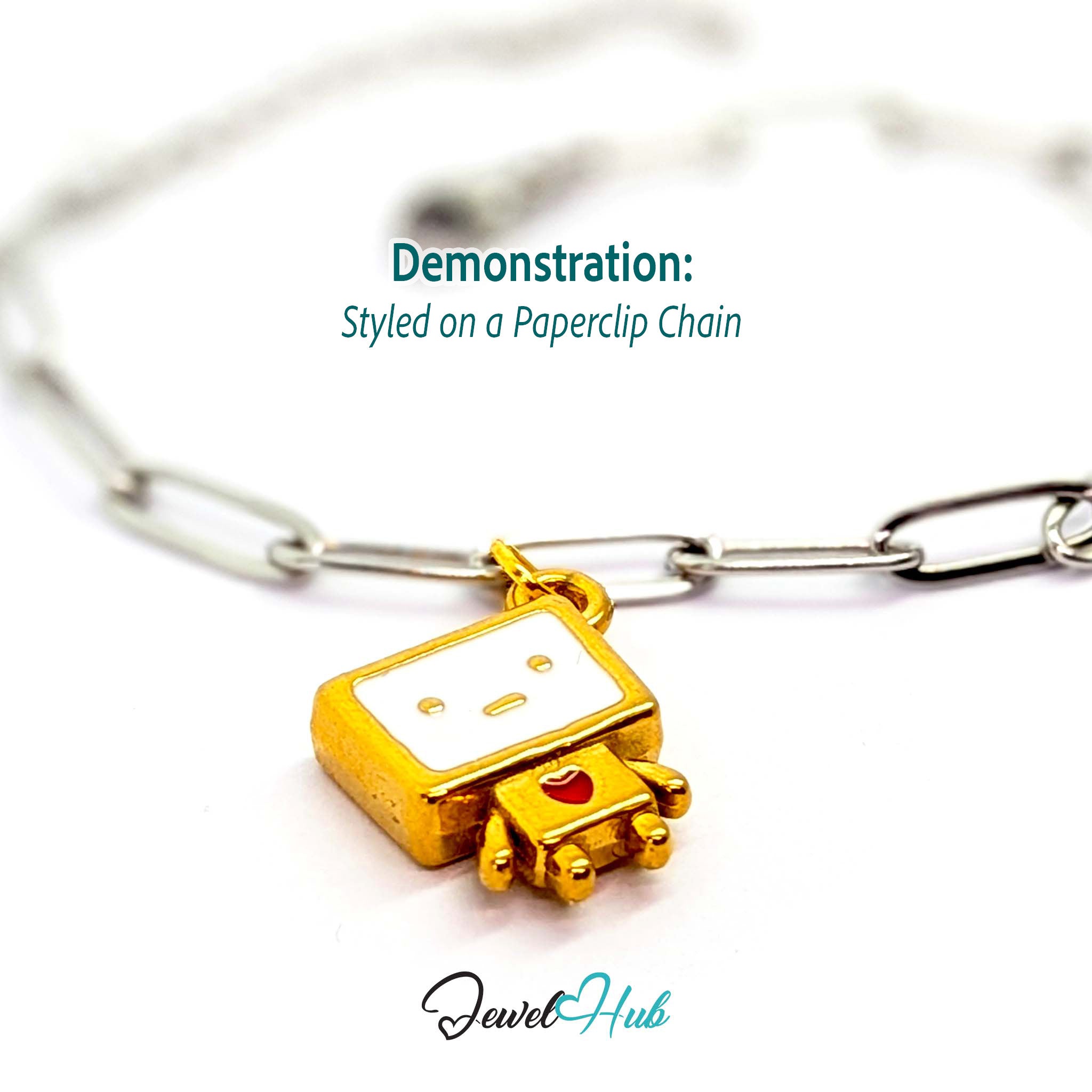 Enamel TV robot charm in gold stainless steel - styled on a silver paperclip chain bracelet - JewelHub