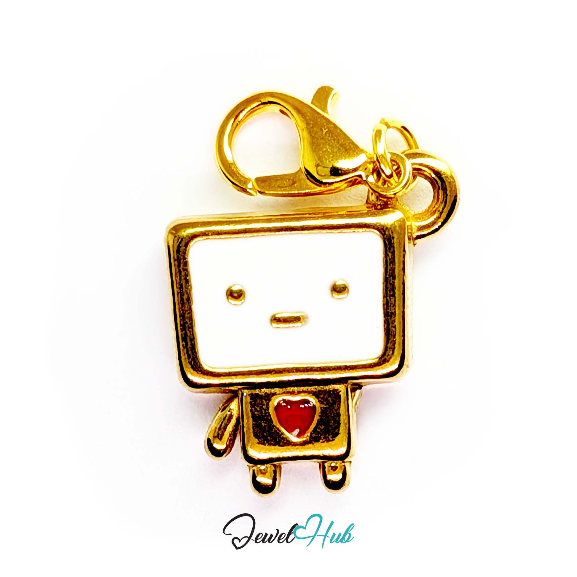 Enamel TV robot charm in gold stainless steel - shown with the lobster clasp attached - JewelHub