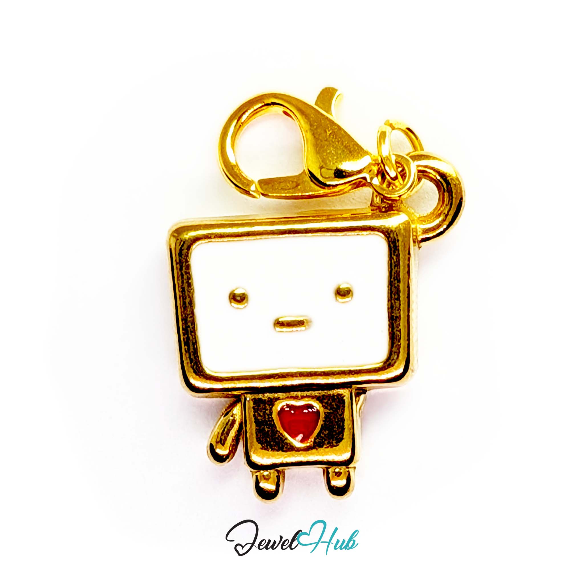 Enamel TV robot charm in gold stainless steel - shown with the lobster clasp attached - JewelHub