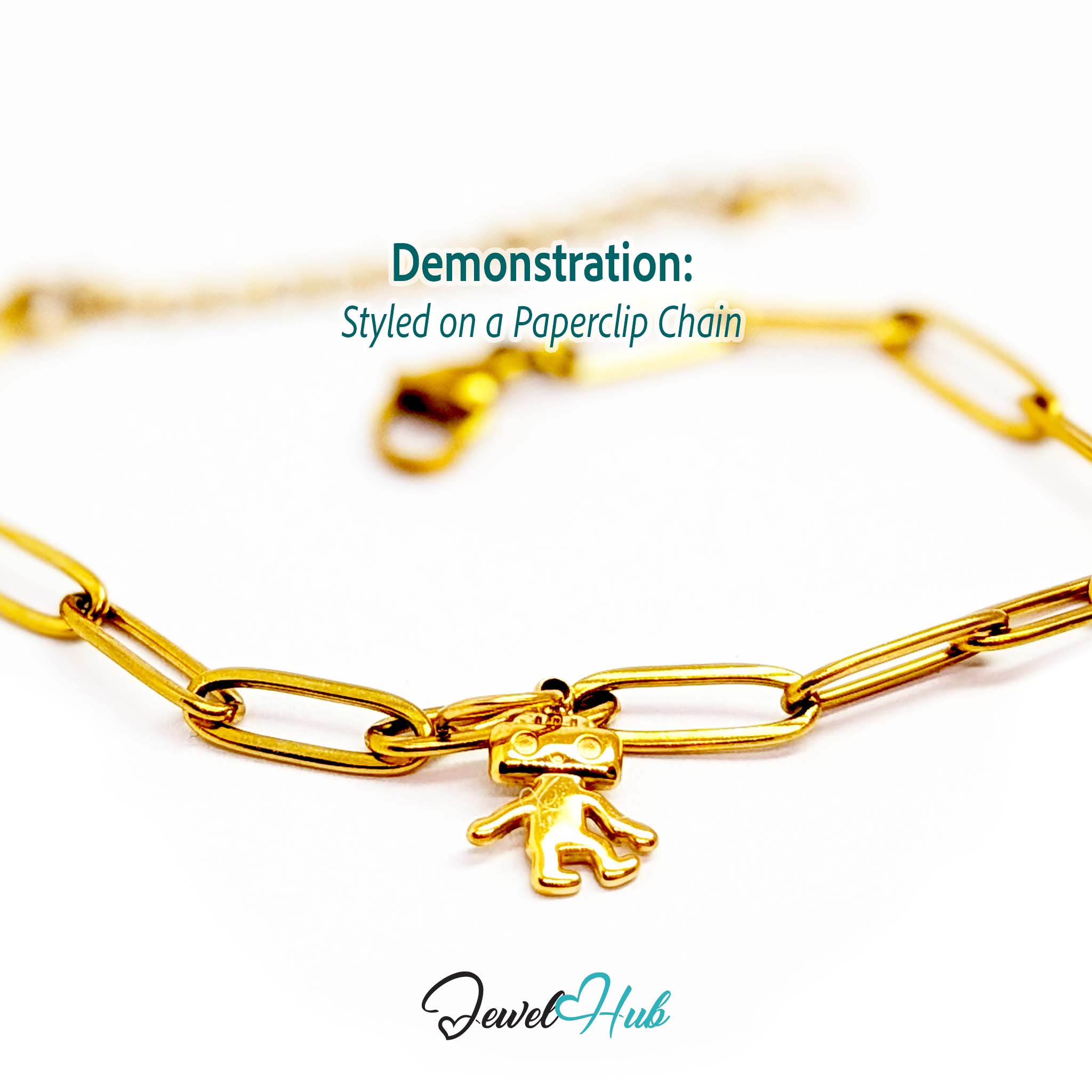 Mini TV robot charm in gold stainless steel - styled on a gold paperclip chain bracelet - JewelHub