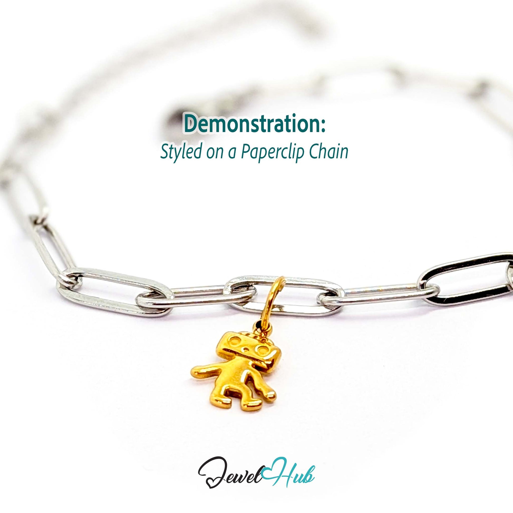 Mini TV robot charm in gold stainless steel - styled on a silver paperclip chain bracelet - JewelHub
