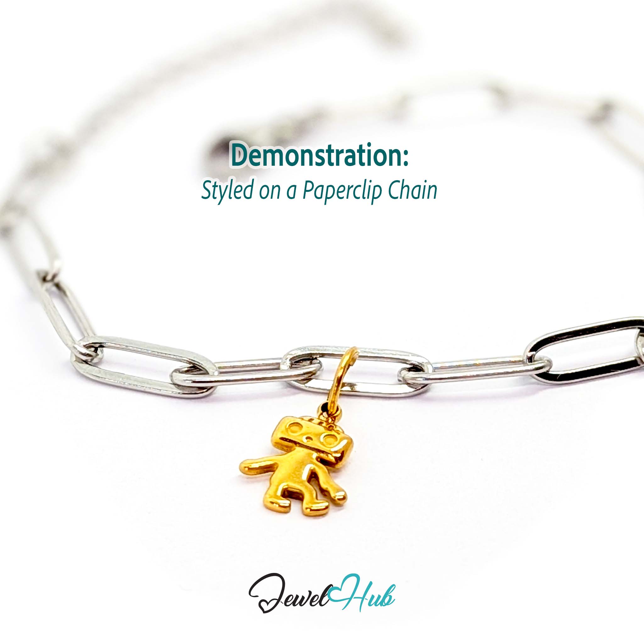 Mini TV robot charm in gold stainless steel - styled on a silver paperclip chain bracelet - JewelHub