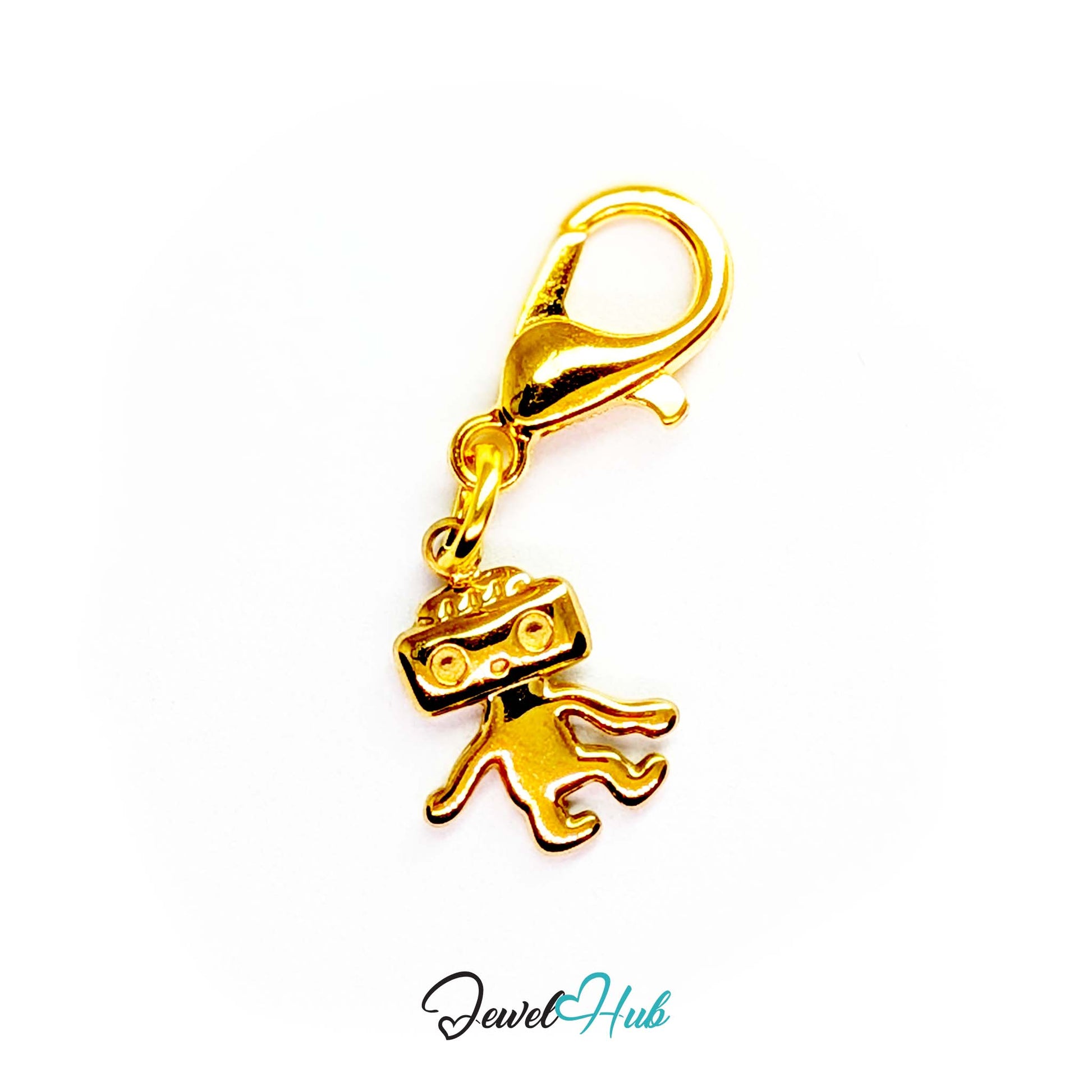 Mini TV robot charm in gold stainless steel - shown with the lobster clasp attached - JewelHub