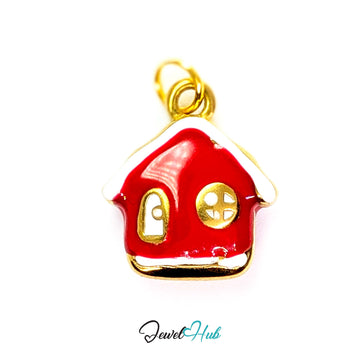 Red enamel house charm in gold stainless steel - front view - JewelHub