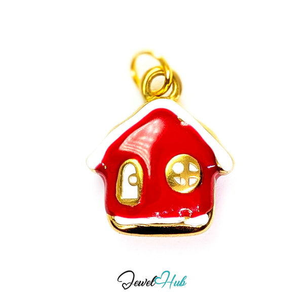 Red enamel house charm in gold stainless steel - front view - JewelHub