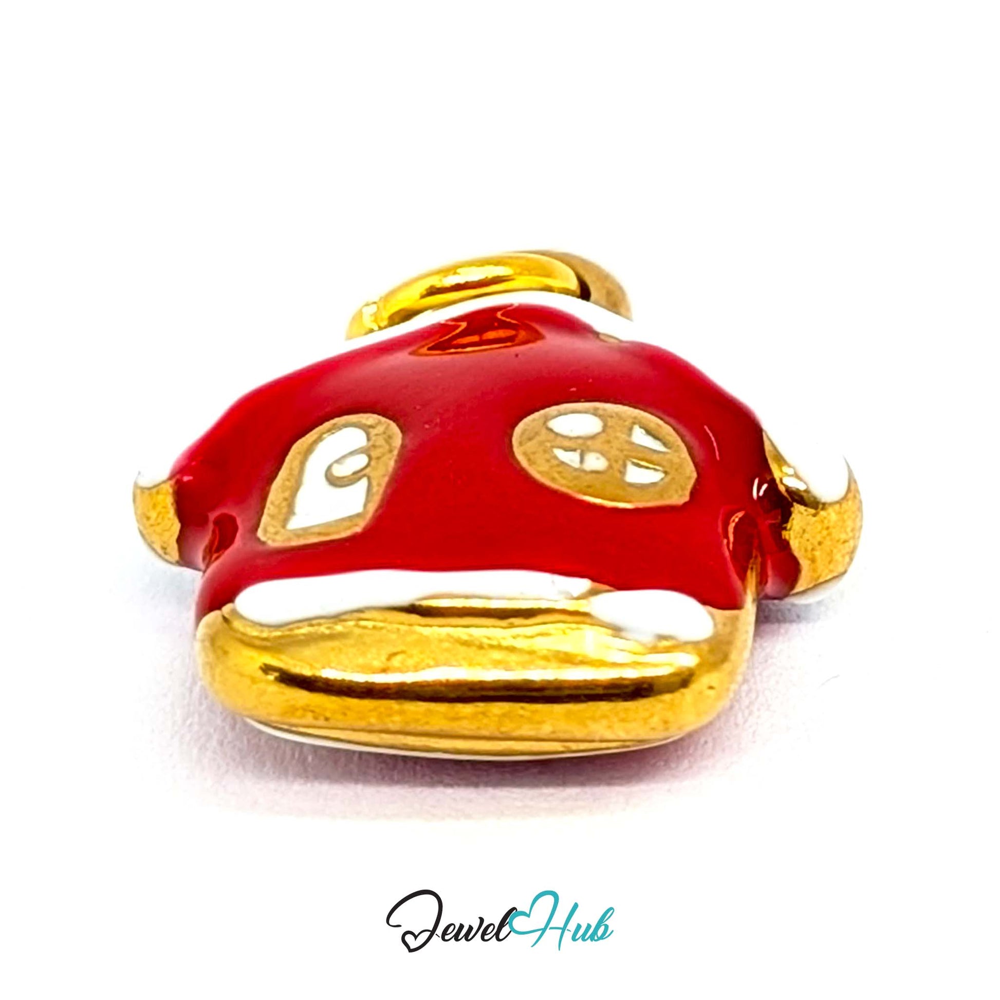 Red enamel house charm in gold stainless steel - turned to show depth - JewelHub
