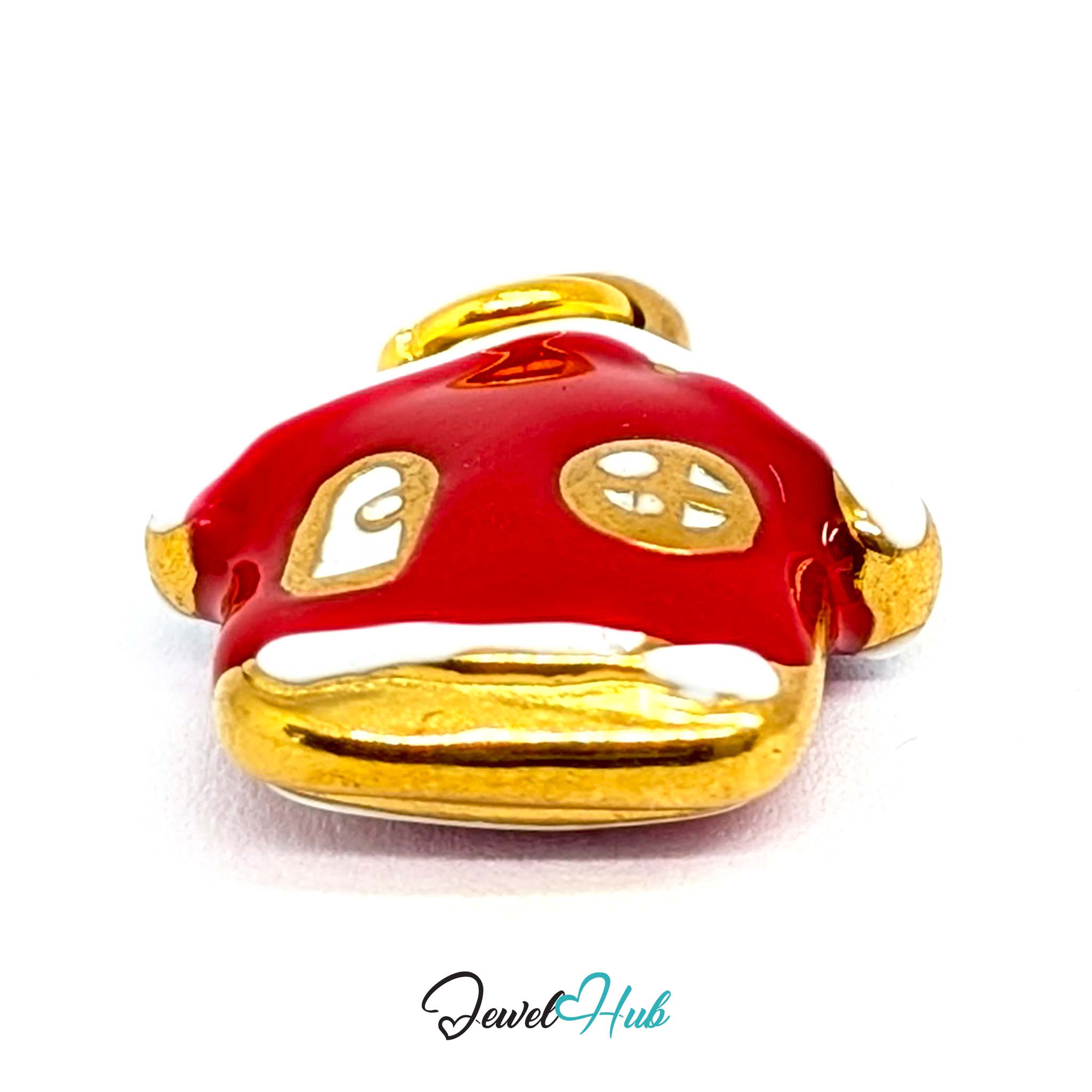 Red enamel house charm in gold stainless steel - turned to show depth - JewelHub