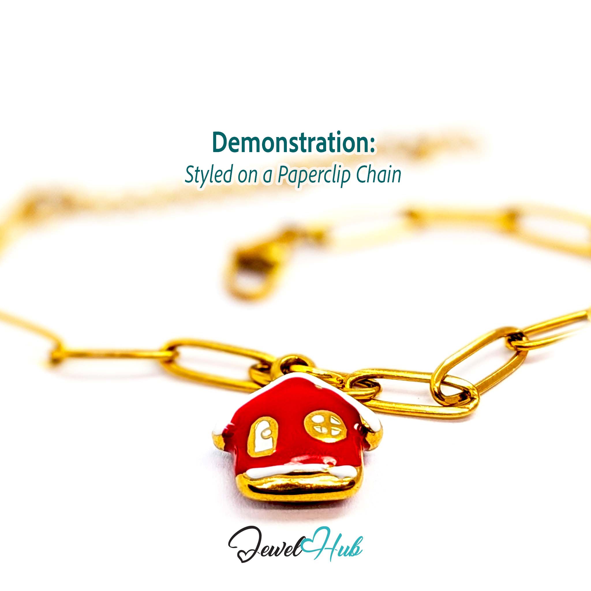 Red enamel house charm in gold stainless steel - styled on a gold paperclip chain bracelet - JewelHub