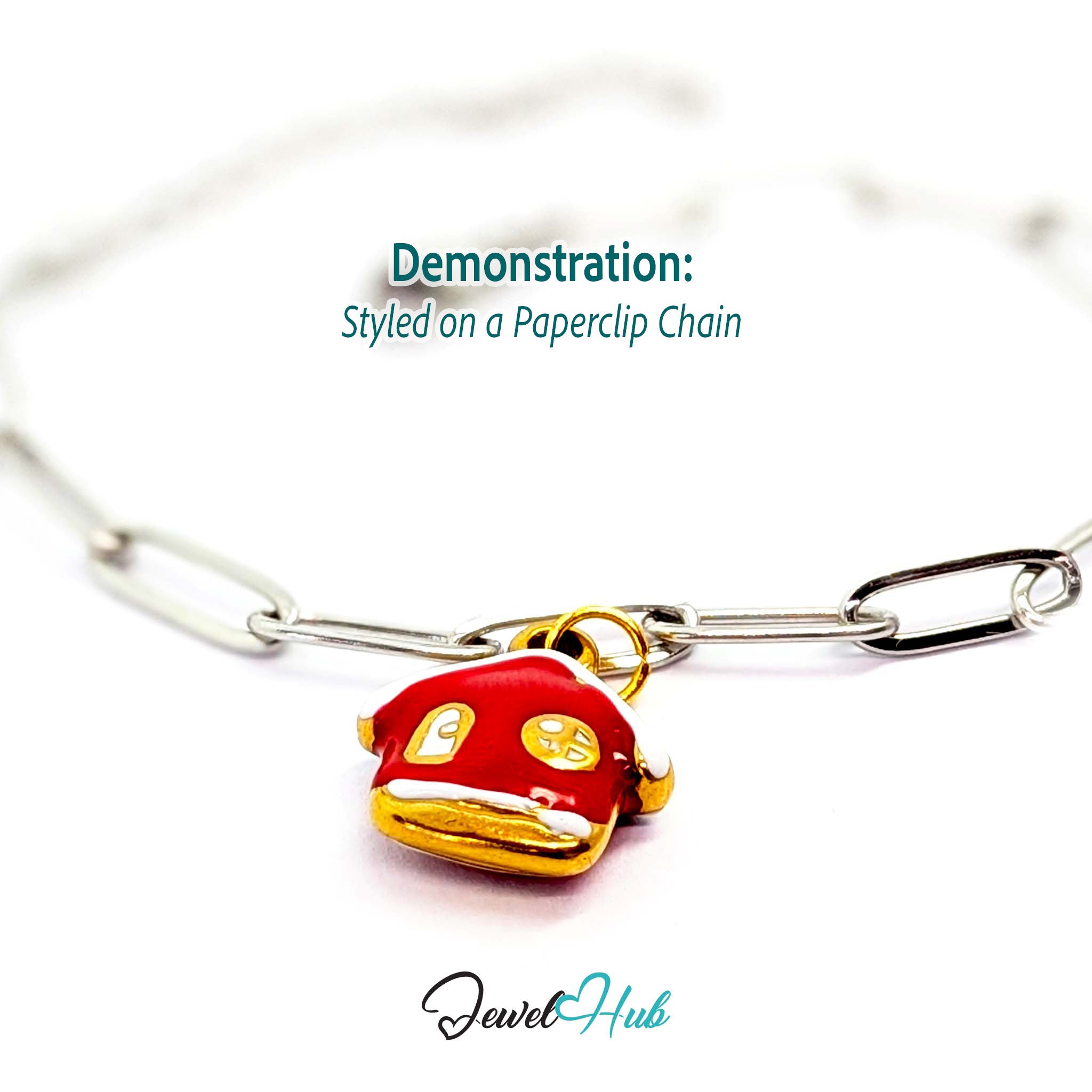 Red enamel house charm in gold stainless steel - styled on a silver paperclip chain bracelet - JewelHub