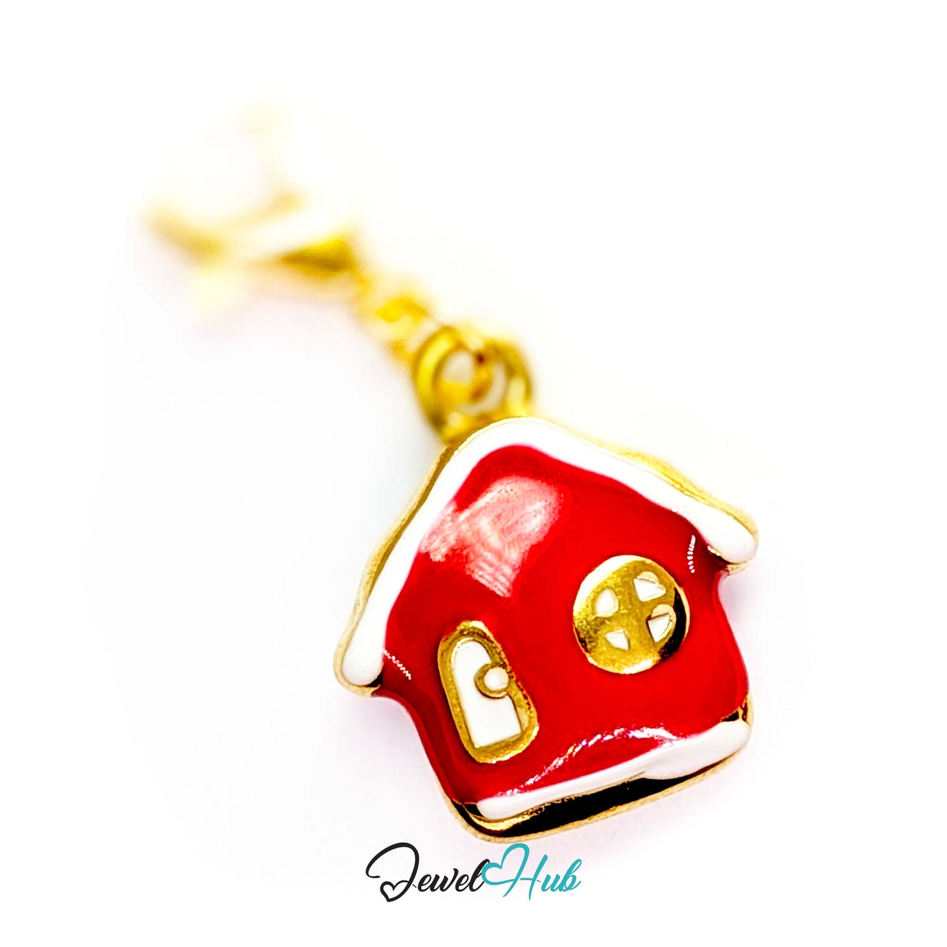 Red enamel house charm in gold stainless steel - shown with the lobster clasp attached - JewelHub