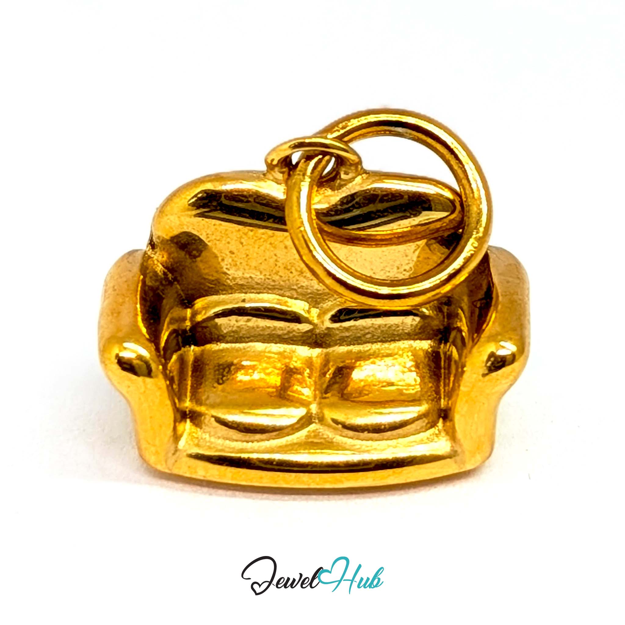 Three-dimensional sofa charm in gold stainless steel - three-quarter view - JewelHub