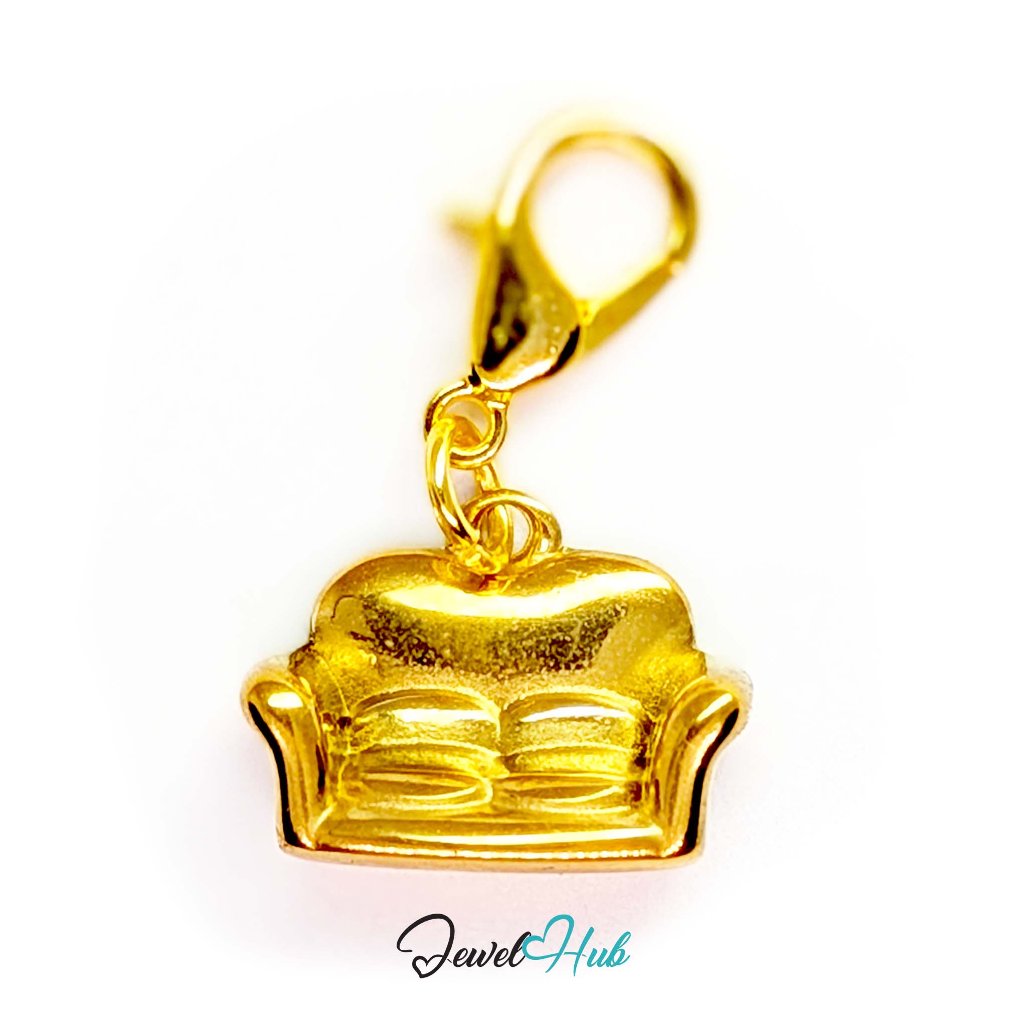 Three-dimensional sofa charm in gold stainless steel - shown with the lobster clasp attached - JewelHub