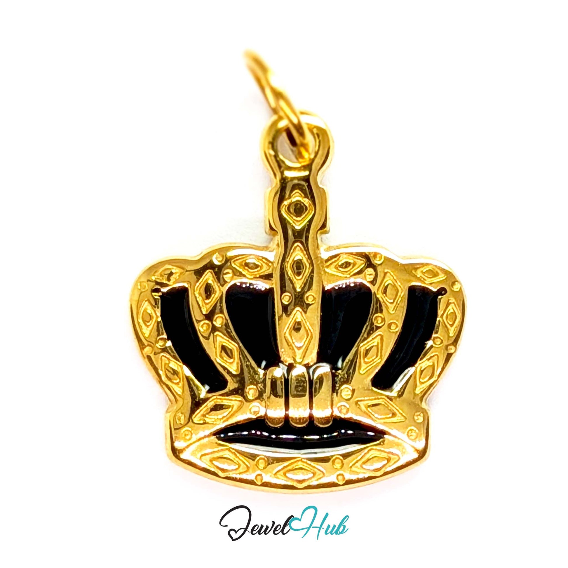 Crown charm in gold stainless steel with black enamel - front view - JewelHub