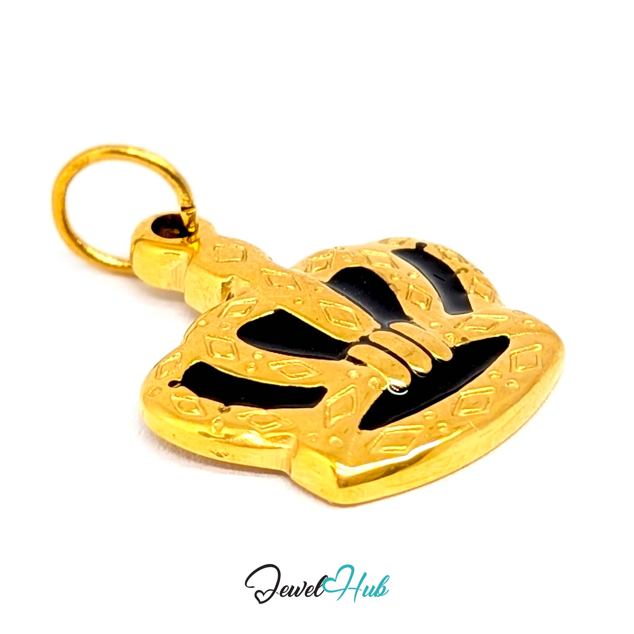 Crown charm in gold stainless steel with black enamel - three-quarter view - JewelHub
