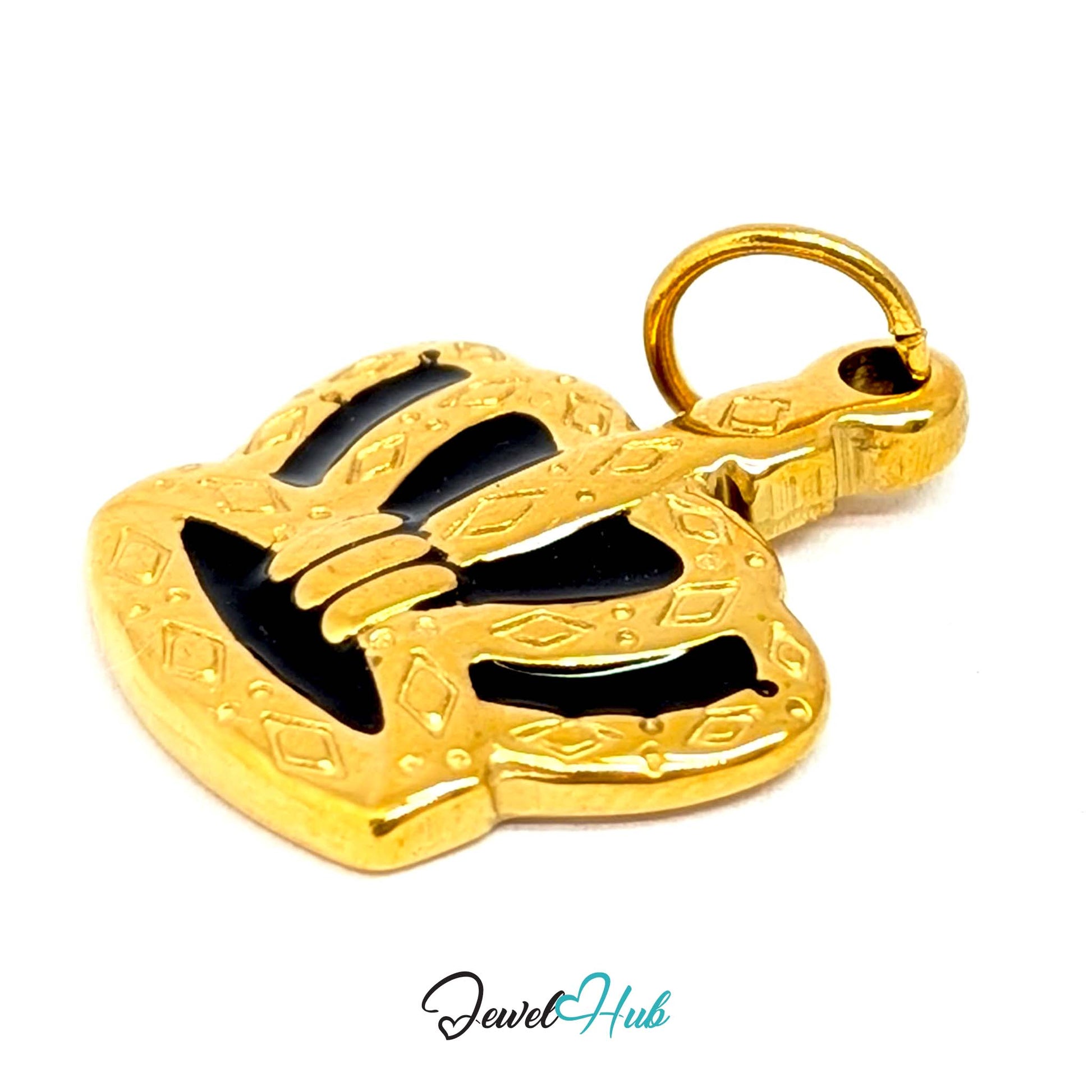Crown charm in gold stainless steel with black enamel - angled view - JewelHub