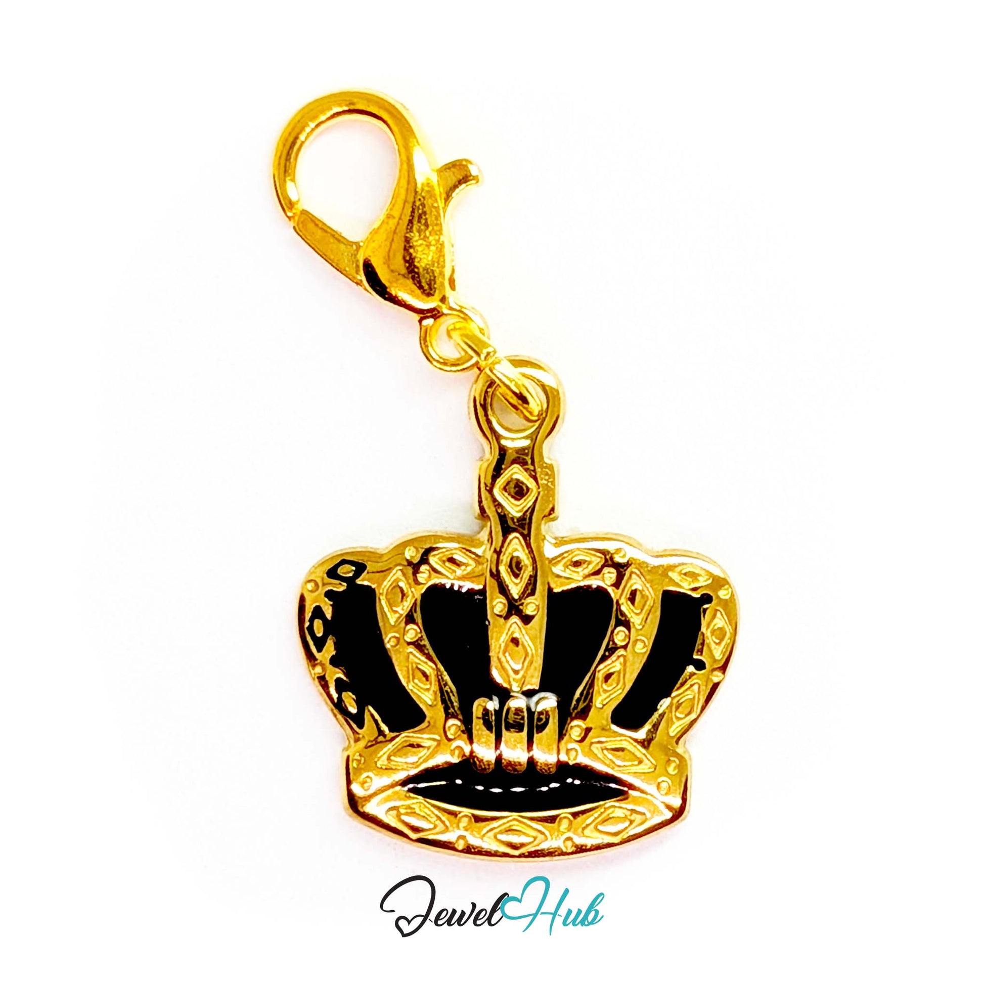 Crown charm in gold stainless steel with black enamel - shown with the lobster clasp attached - JewelHub