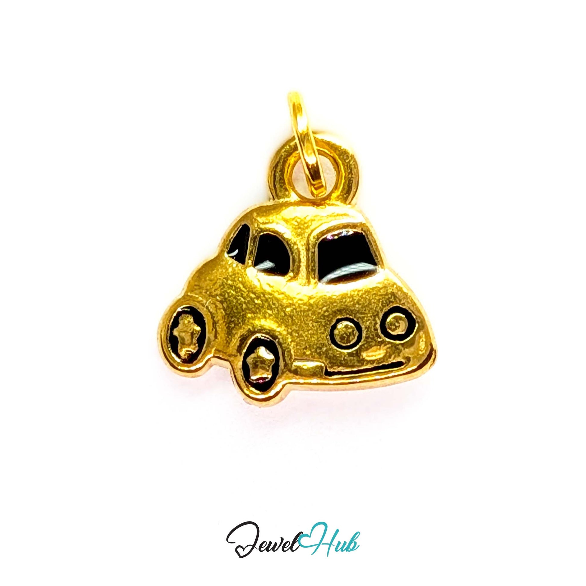 Little car charm in gold stainless steel with black enamel - front view - JewelHub