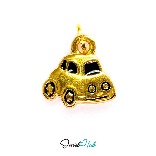 Little car charm in gold stainless steel with black enamel - front view - JewelHub