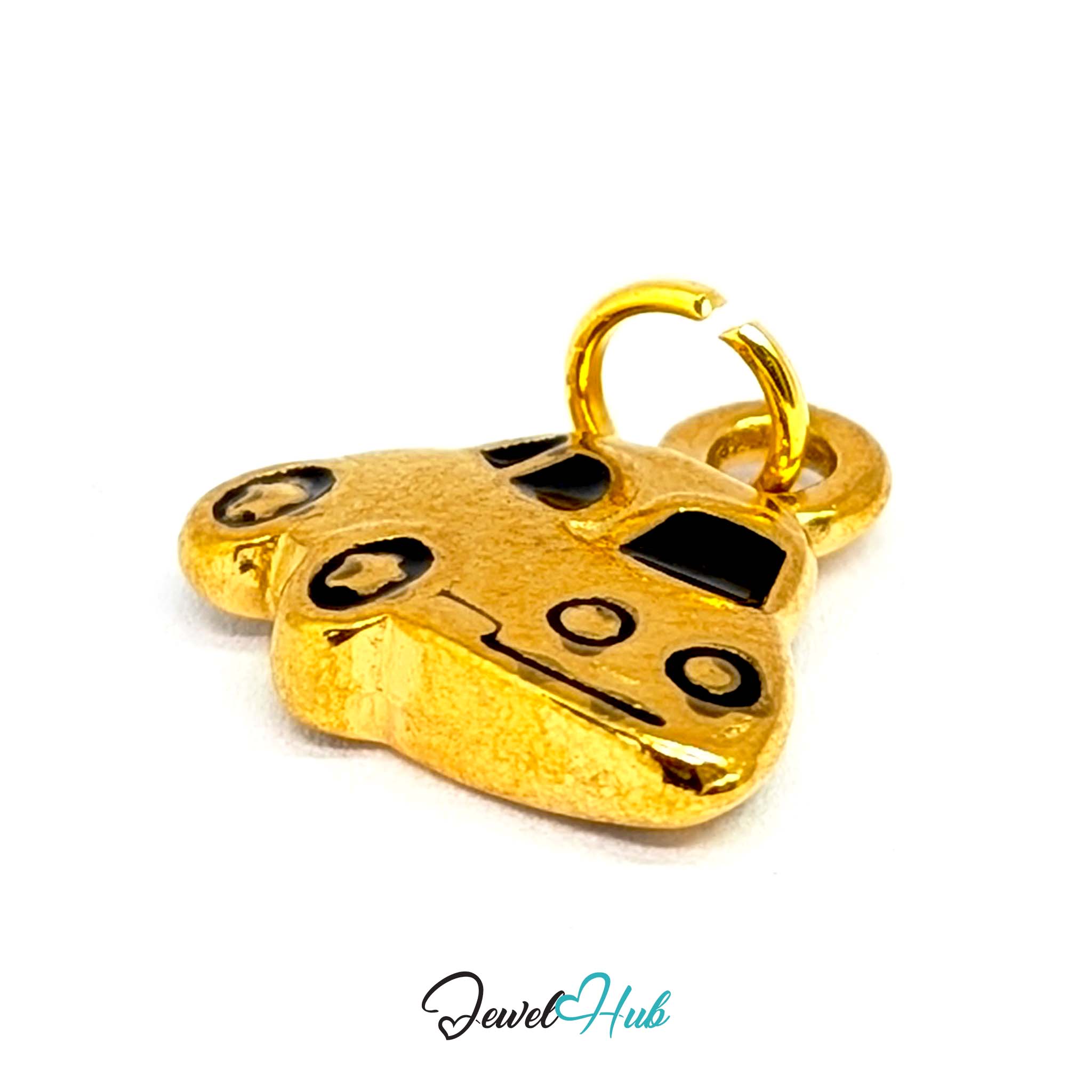 Little car charm in gold stainless steel with black enamel - turned to show depth - JewelHub