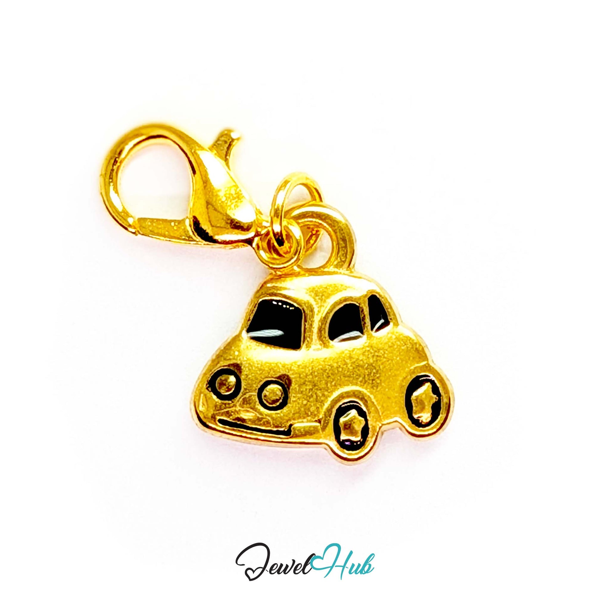 Little car charm in gold stainless steel with black enamel - shown with the lobster clasp attached - JewelHub